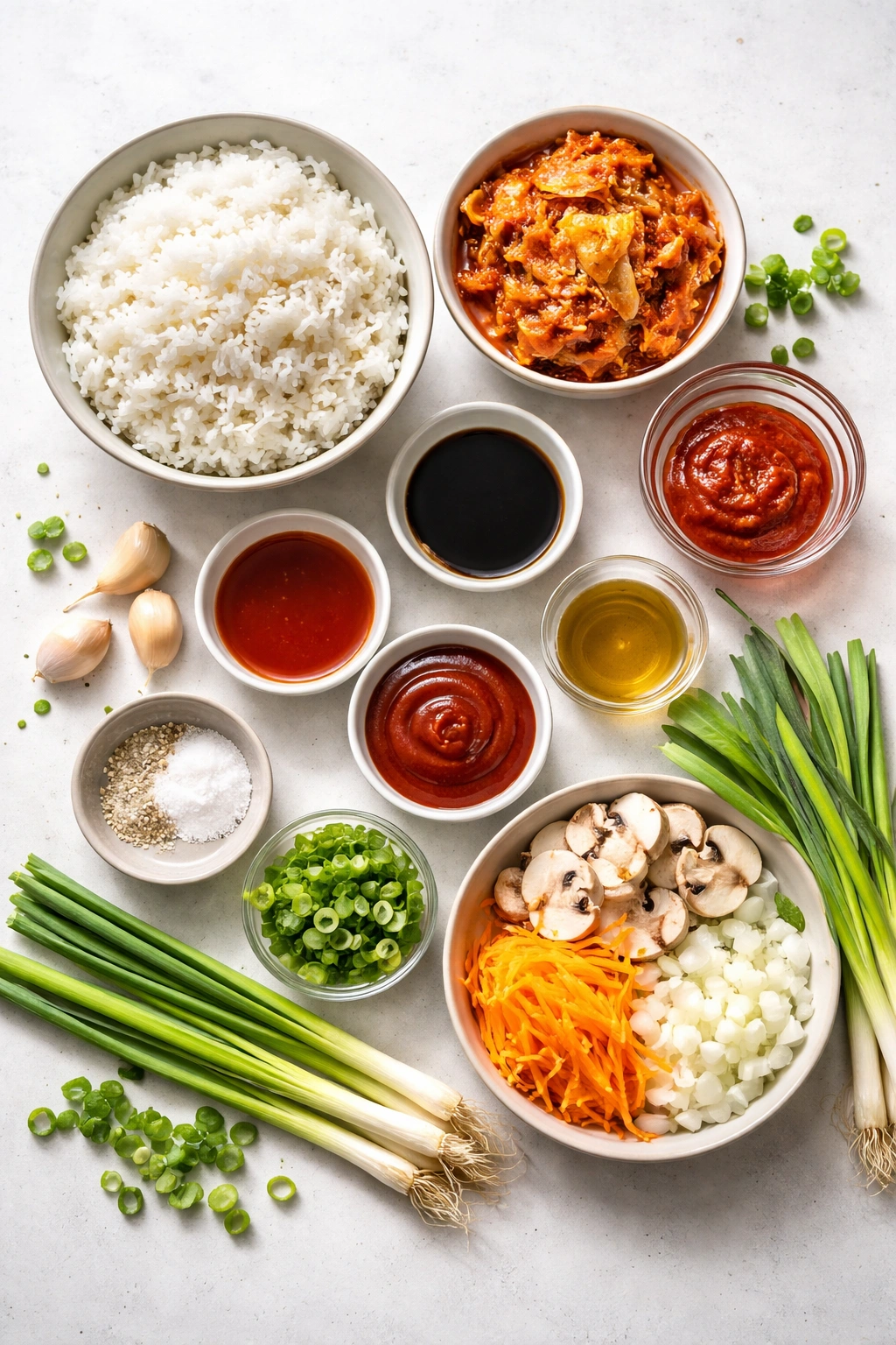 Complete ingredients for kimchi fried rice neatly laid out