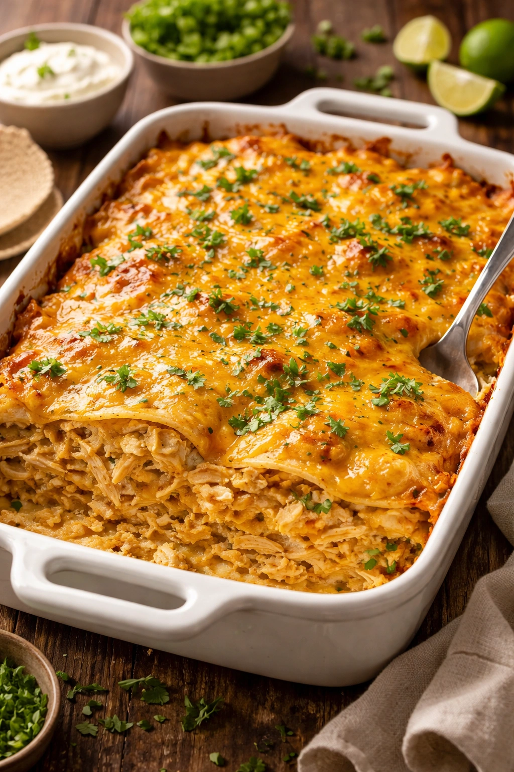 King Ranch chicken casserole with tortillas and melted cheese