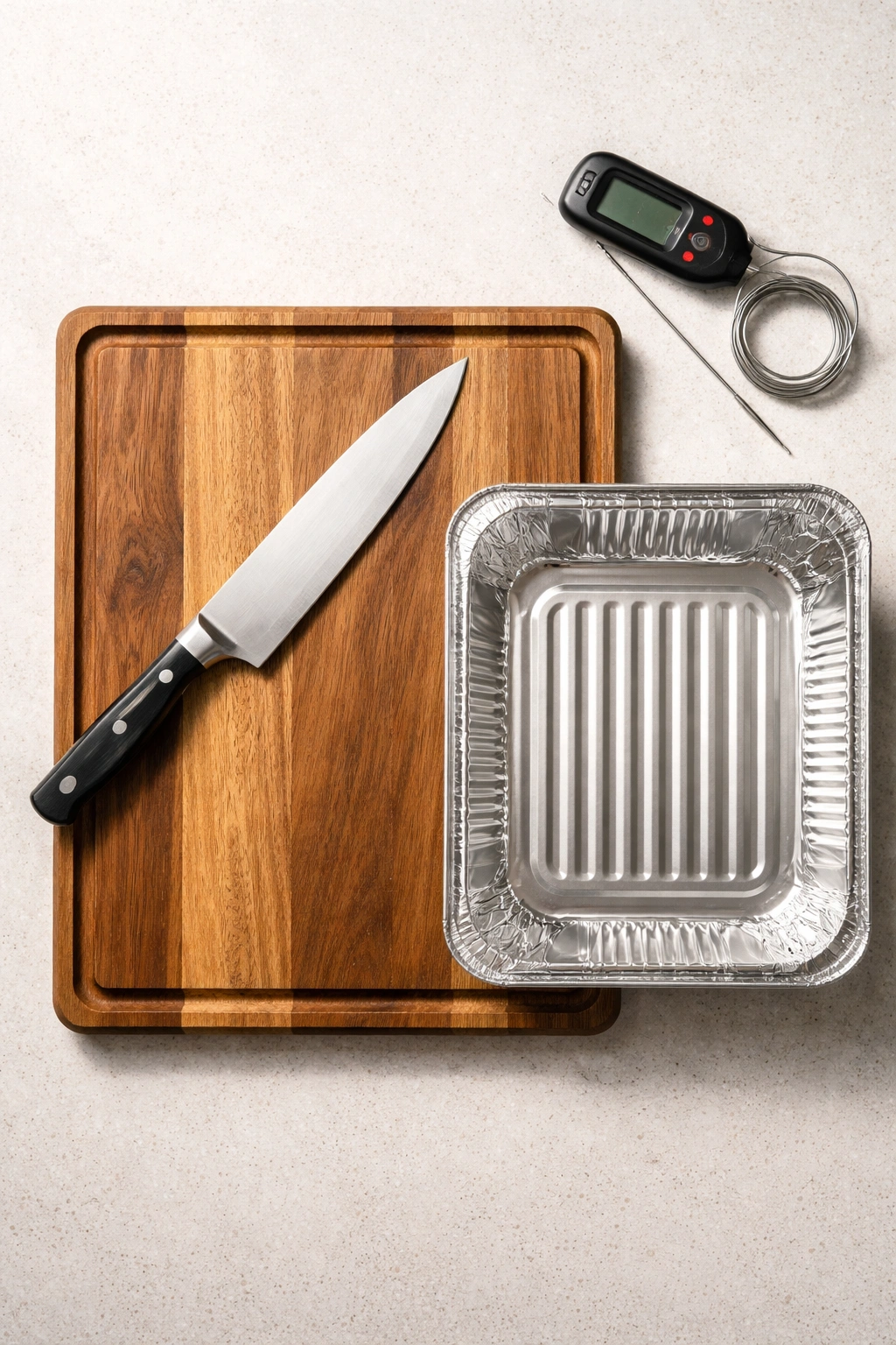 Kitchen equipment including knife, cutting board, and foil pan