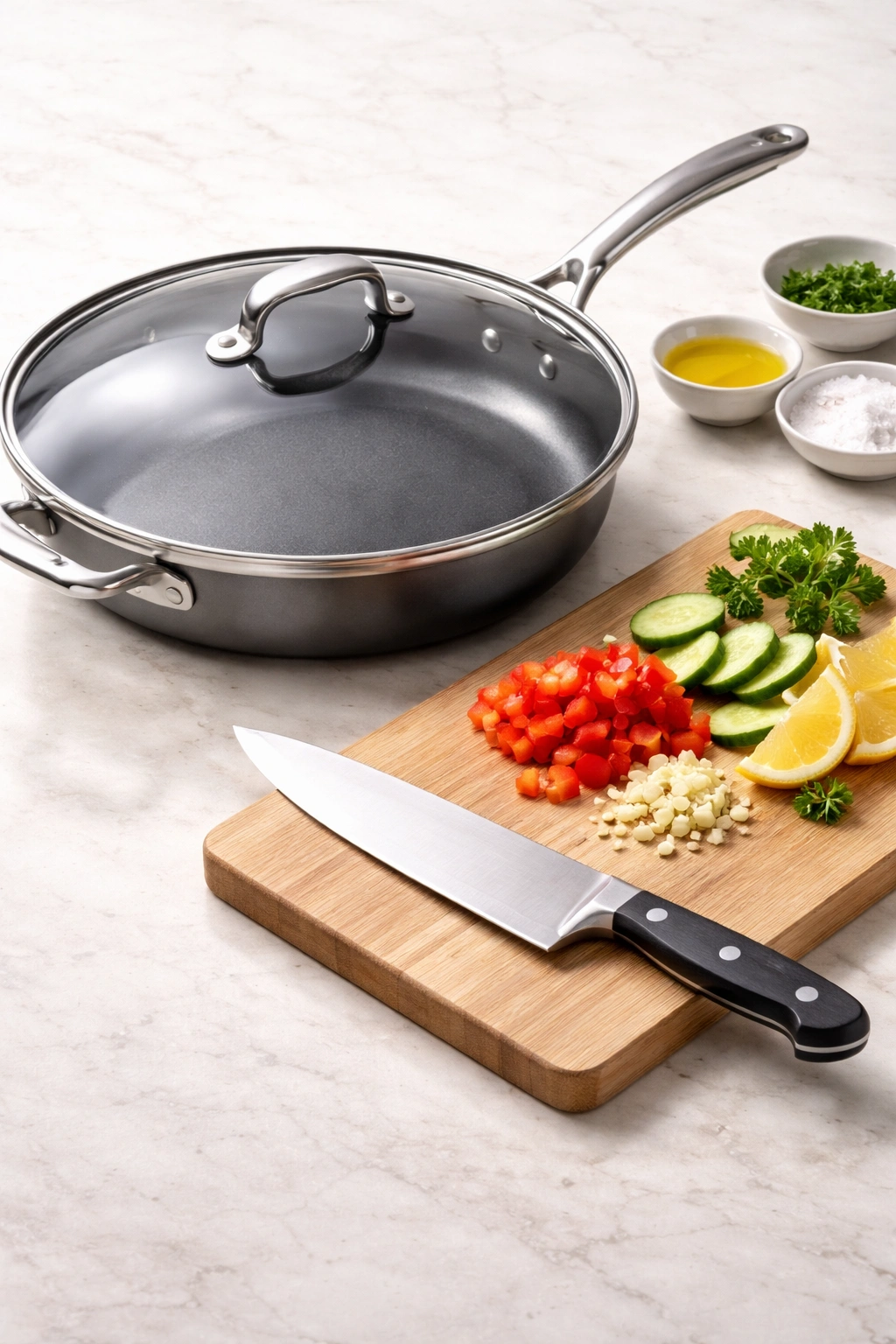 Large skillet with lid and sharp chef's knife on cutting board