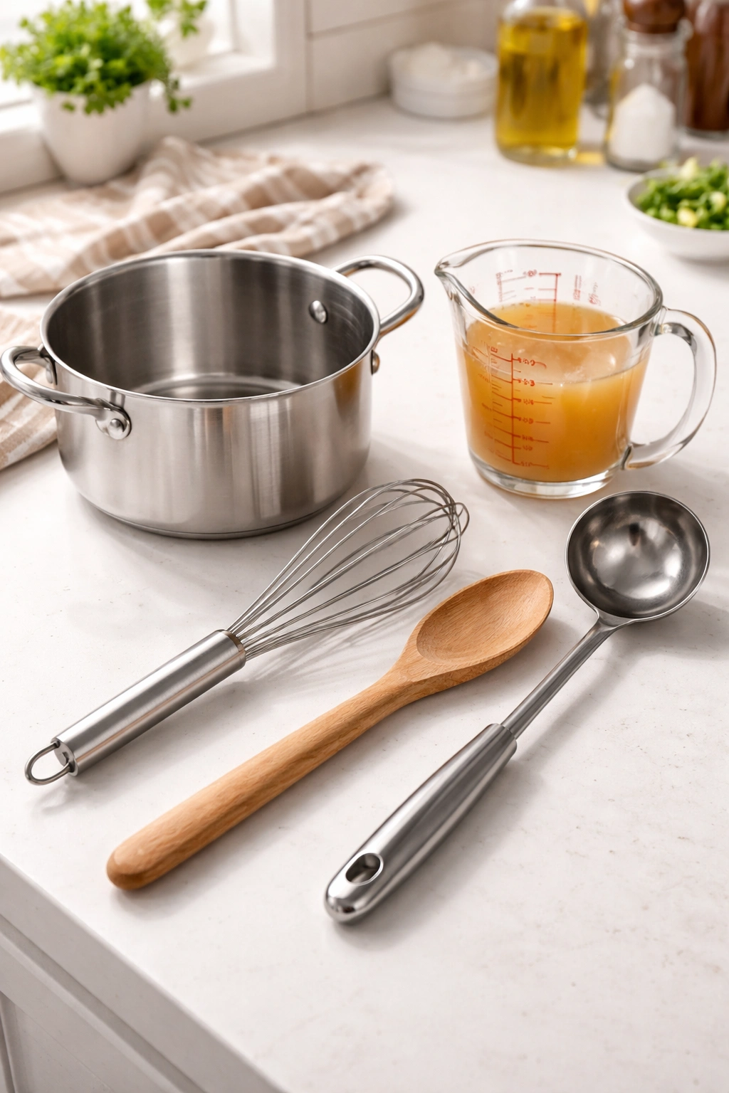 Tools for egg drop soup arranged neatly on a counter