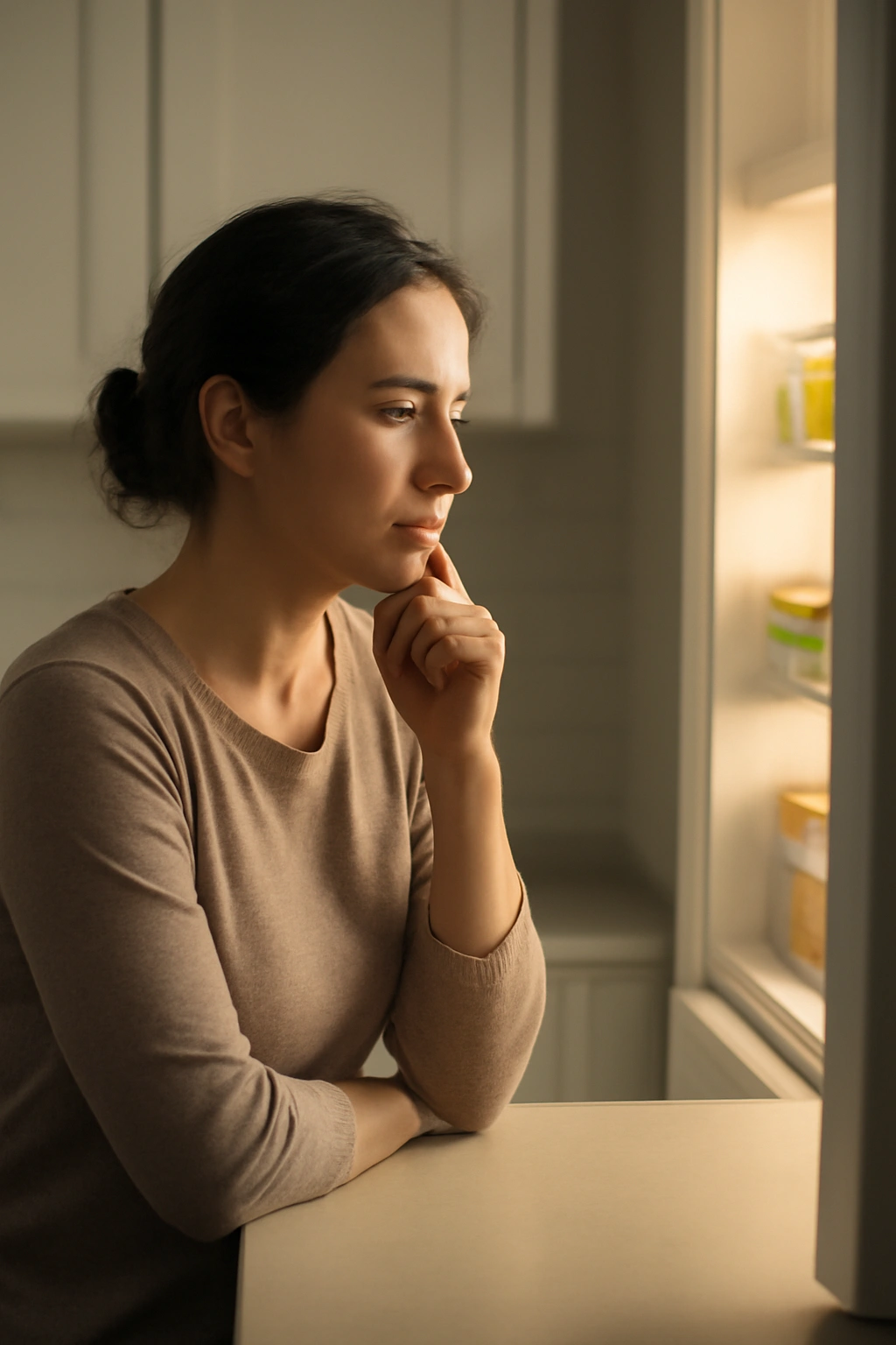 Calm person contemplating breakfast planning at a kitchen counter in morning light