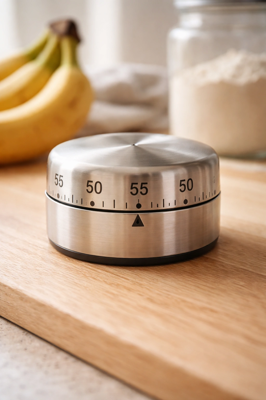 Close-up of a minimalist kitchen timer with no numerals on a wooden countertop