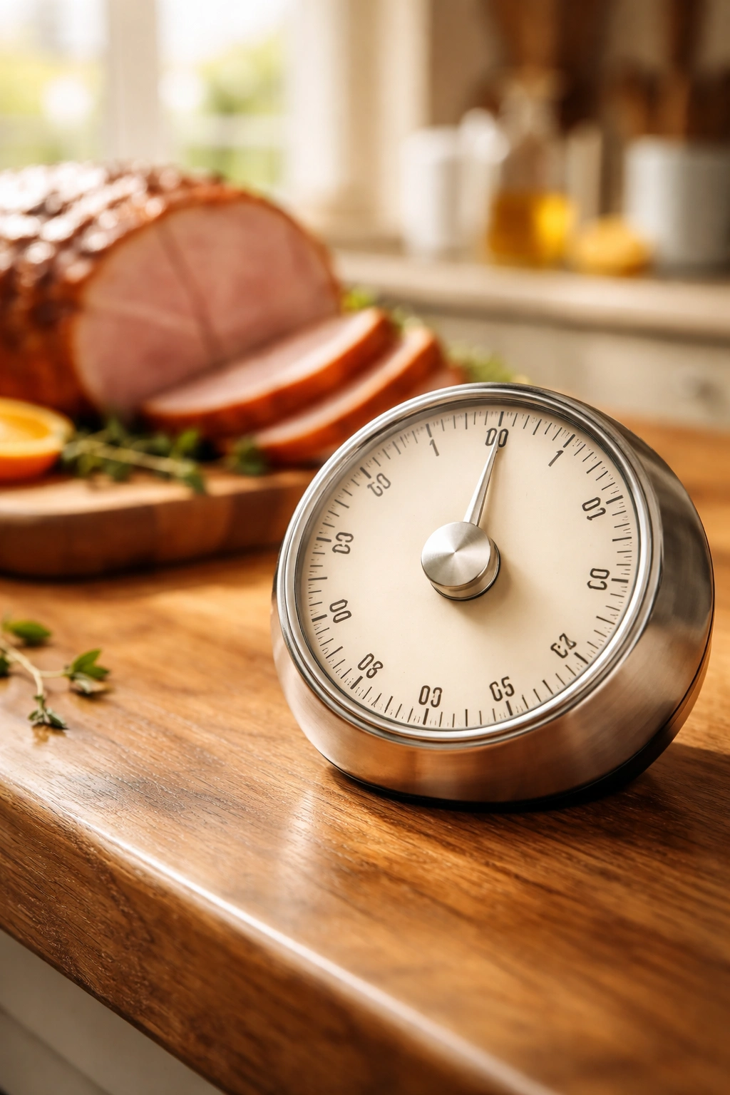 Close-up of a digits-free circular kitchen timer on a wooden counter illustrating cooking time calculations