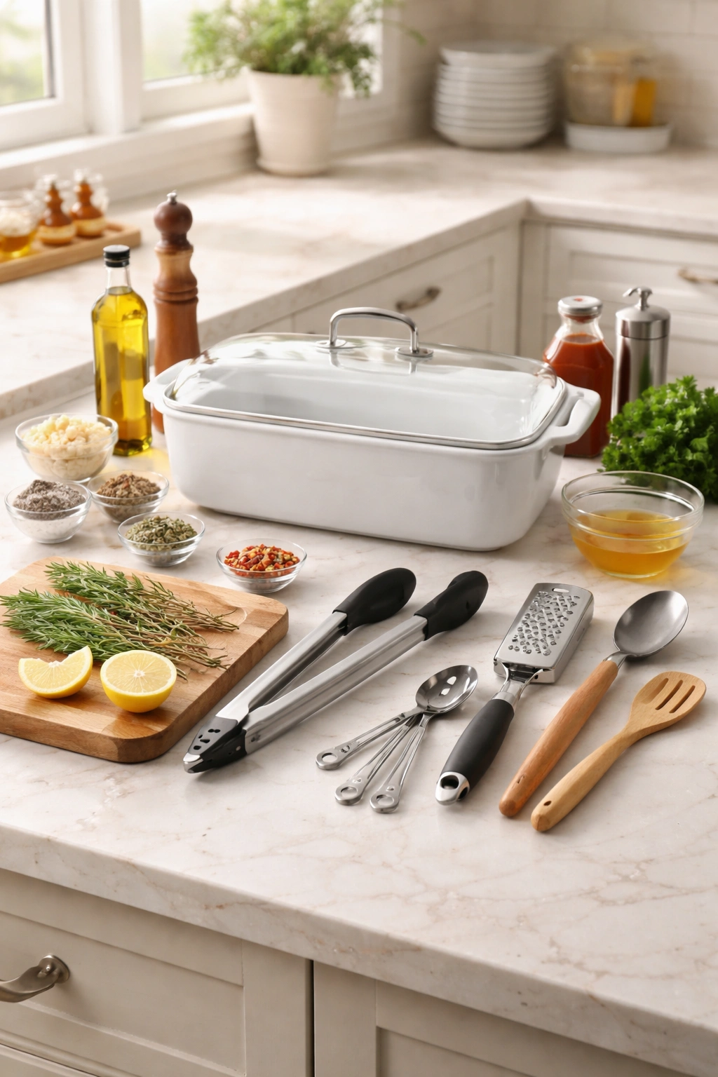 9x13 casserole dish with lid and essential tools on a clean counter