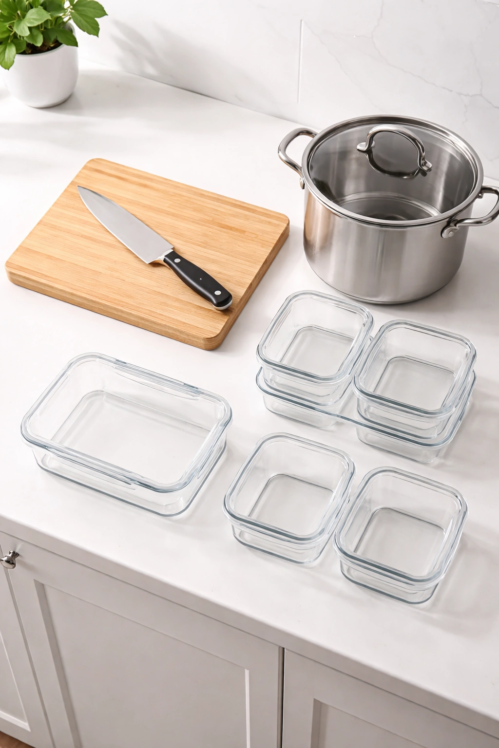 Sharp knife on cutting board with a large pot and glass containers in a clean kitchen