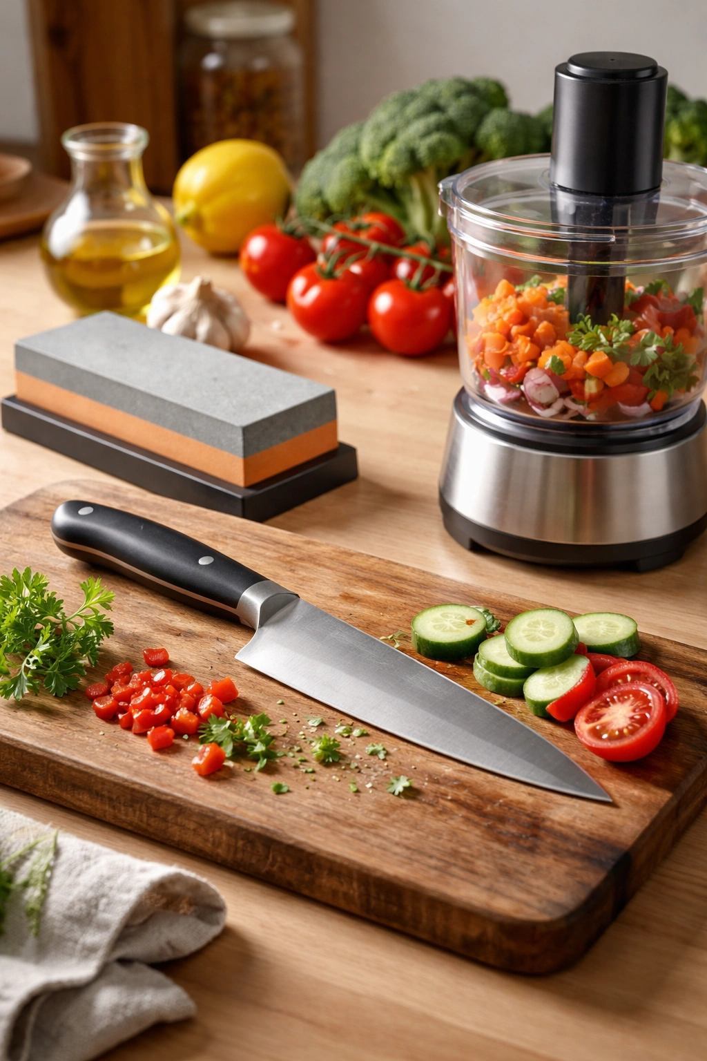 Still life of essential kitchen tools including knife, cutting board, sharpening stone, and food processor