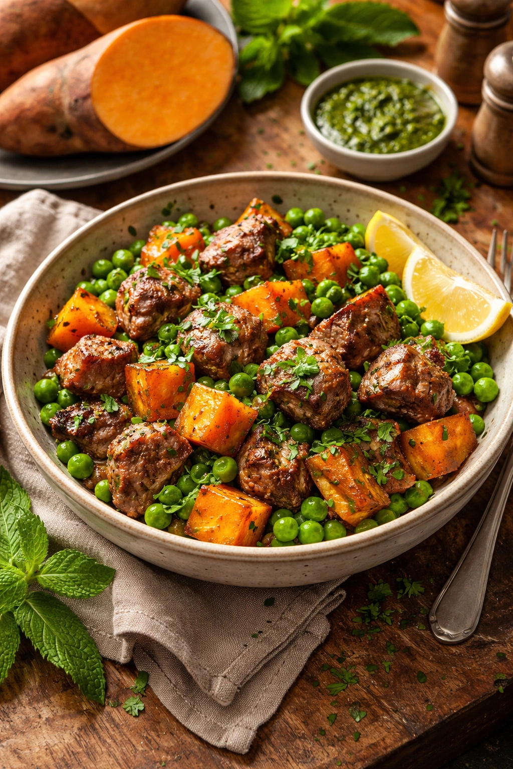 Colorful kiwi-inspired dinner bowl with kumara, lamb, peas and herbs