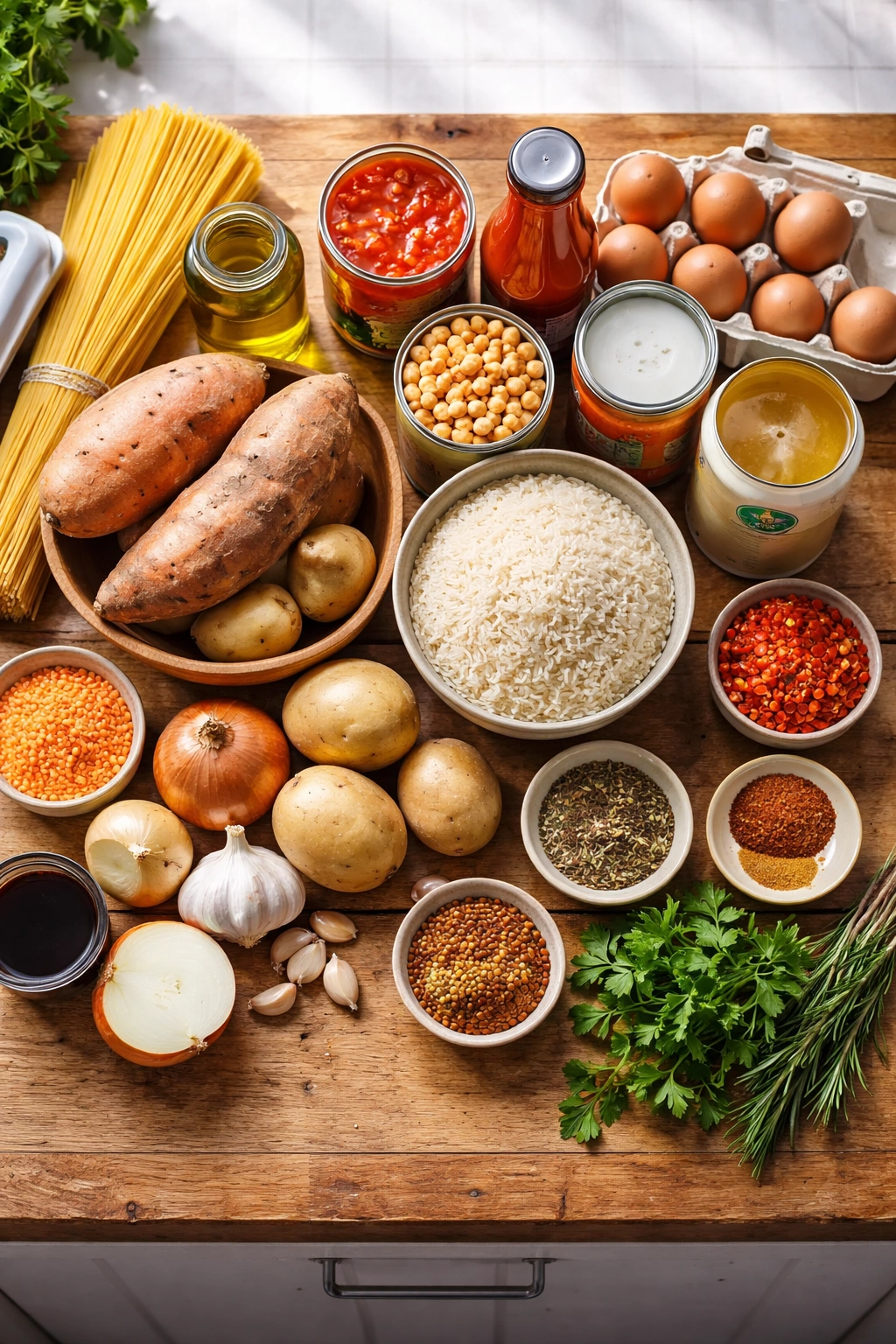 Pantry staples arranged on a wooden surface including kumara, pasta, rice and canned tomatoes