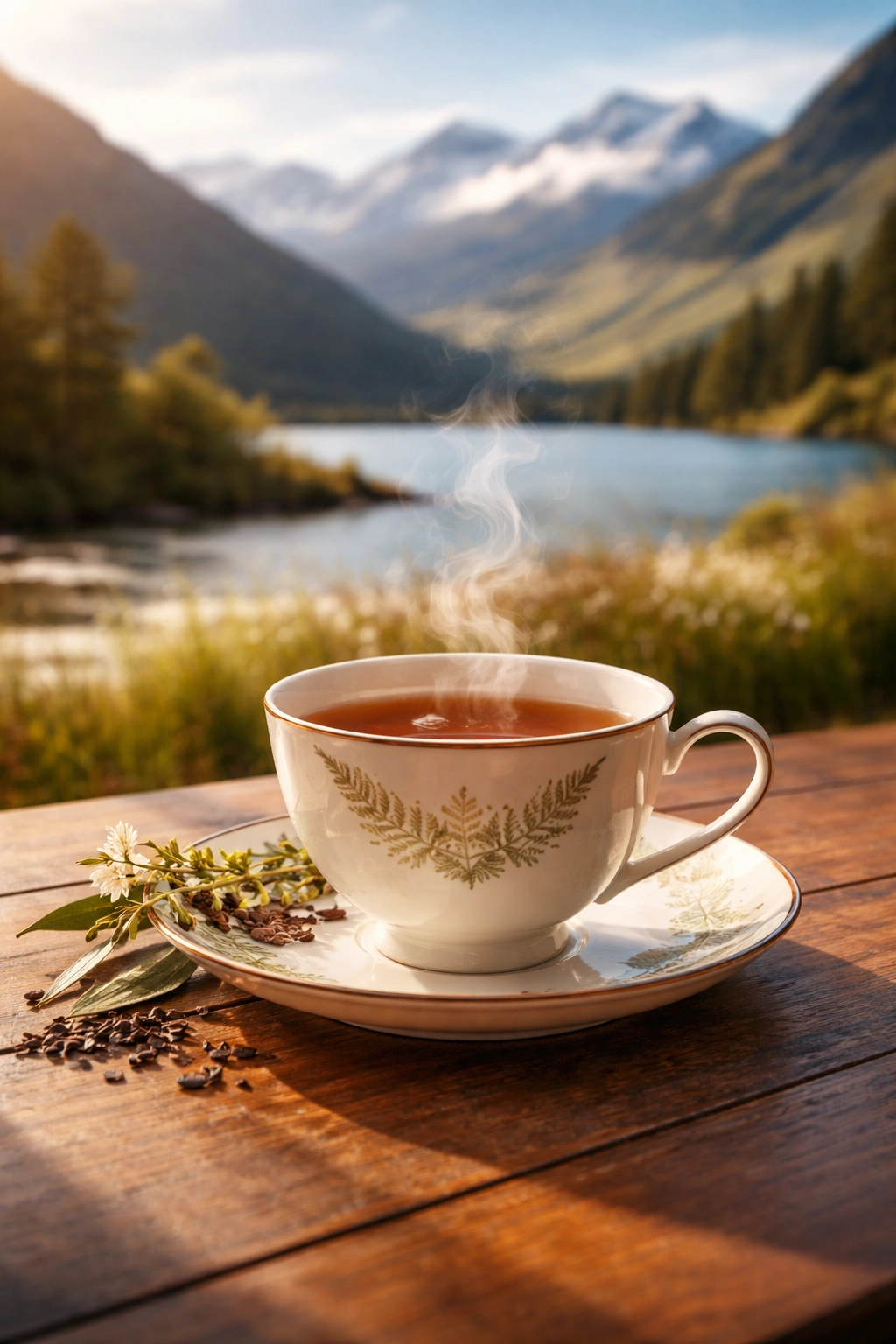 Teacup with steam on wooden table against NZ landscape