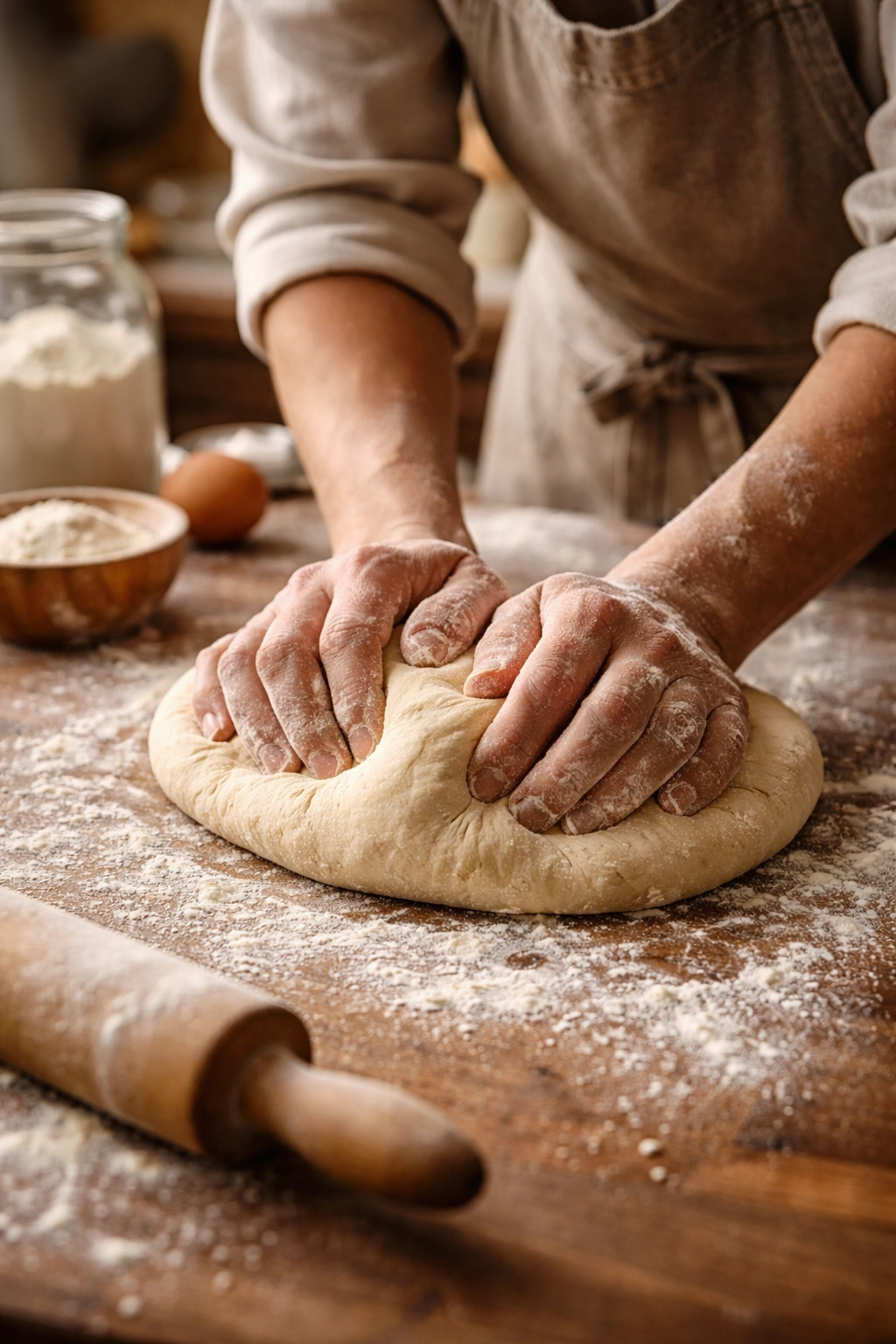 Hands kneading dough on wooden surface