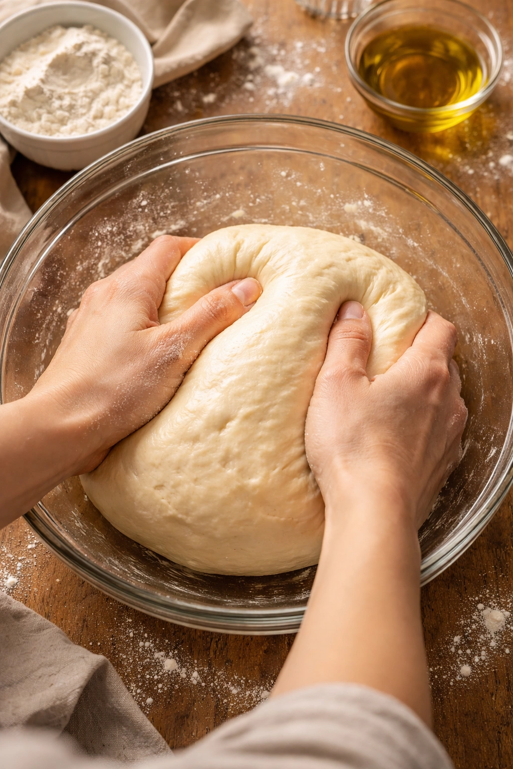 Hands kneading dough in an oiled bowl