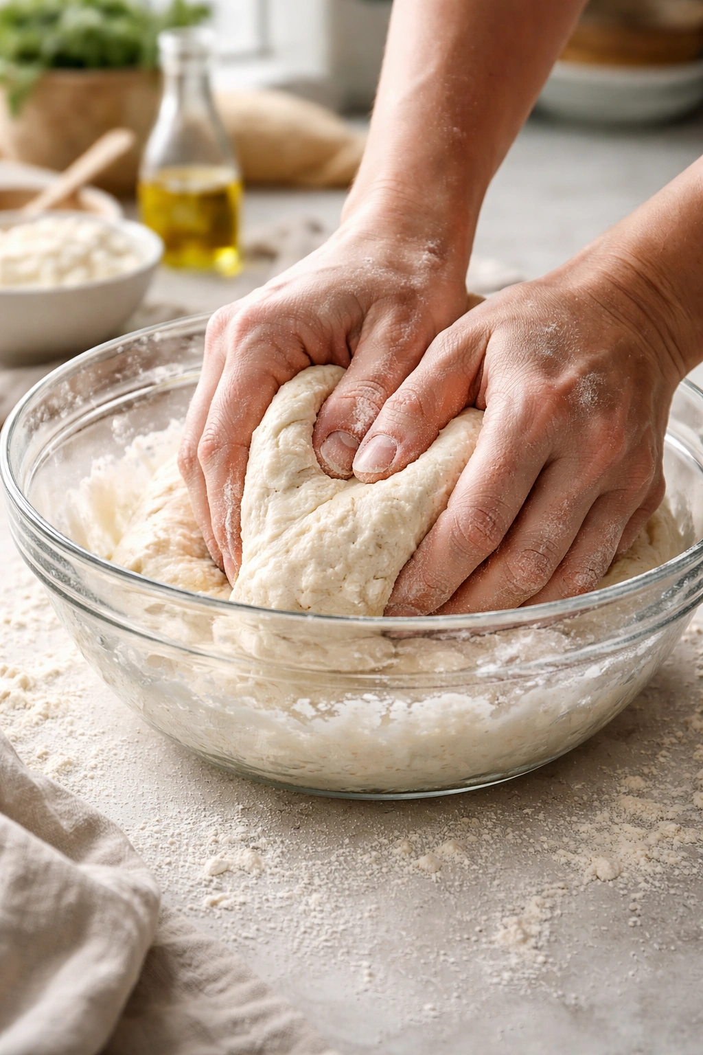 Hands kneading dough on a floured surface, demonstrating the dough method