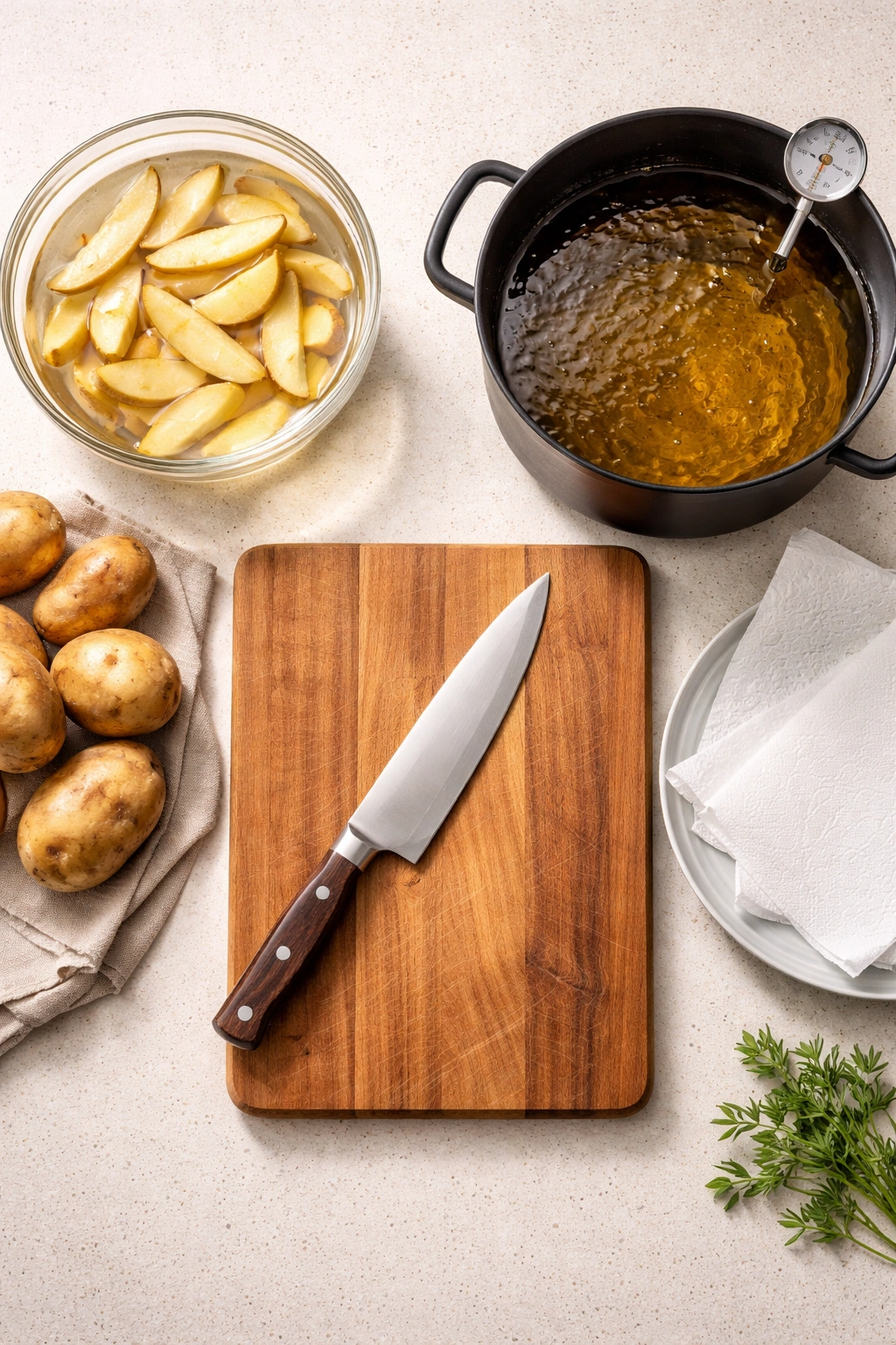 Knife, cutting board, and deep pot with thermometer for potato wedges