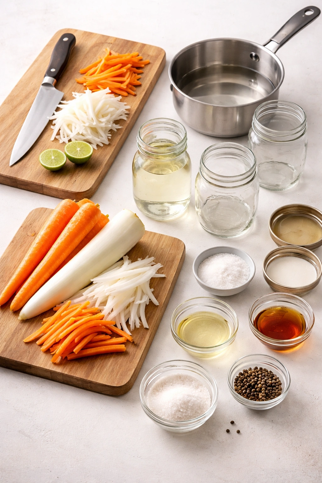 Neat arrangement of kitchen equipment: knife, cutting board, saucepan, jars
