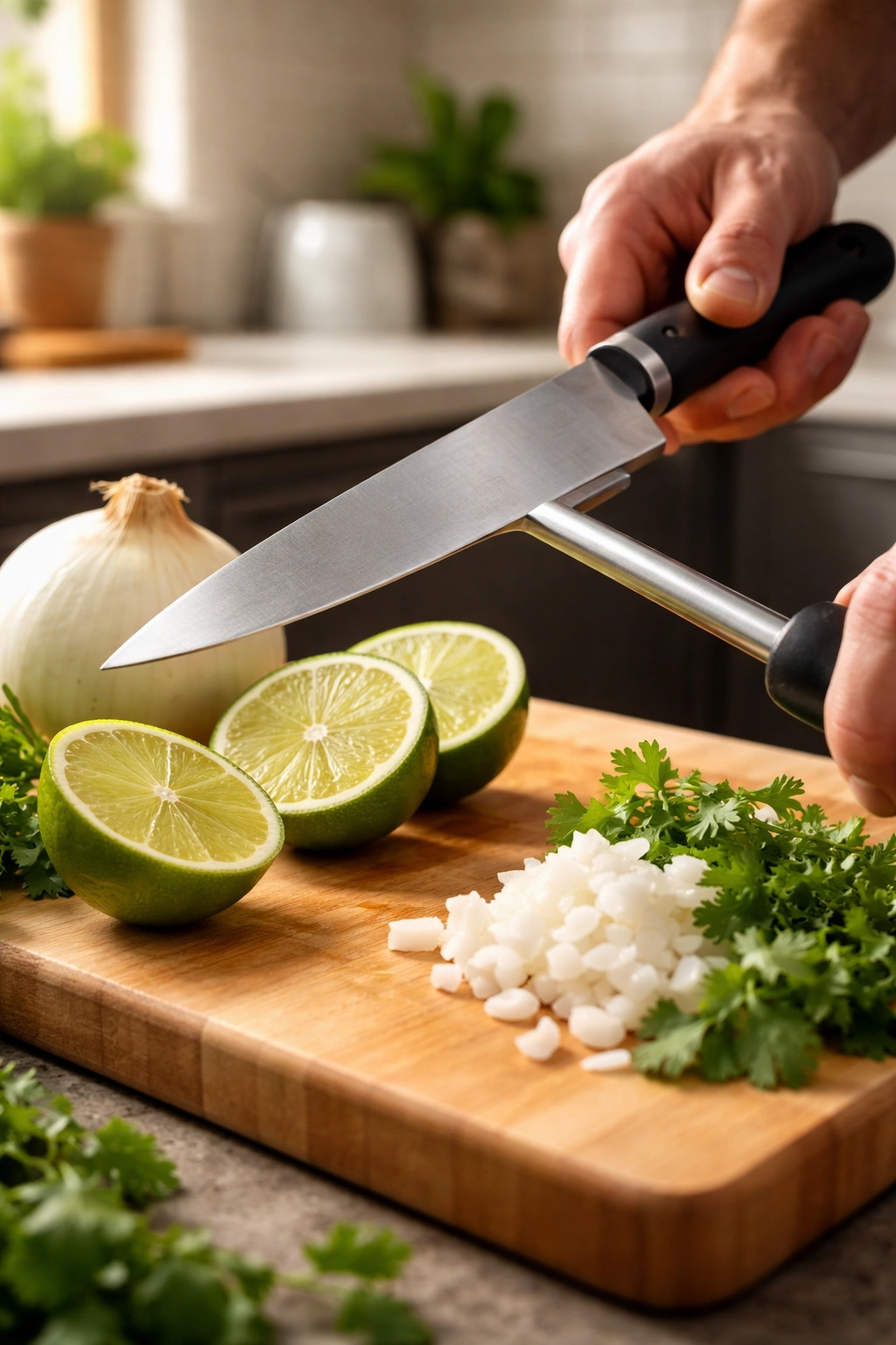 Knife being honed on a steel beside a lime and white onion on a cutting board