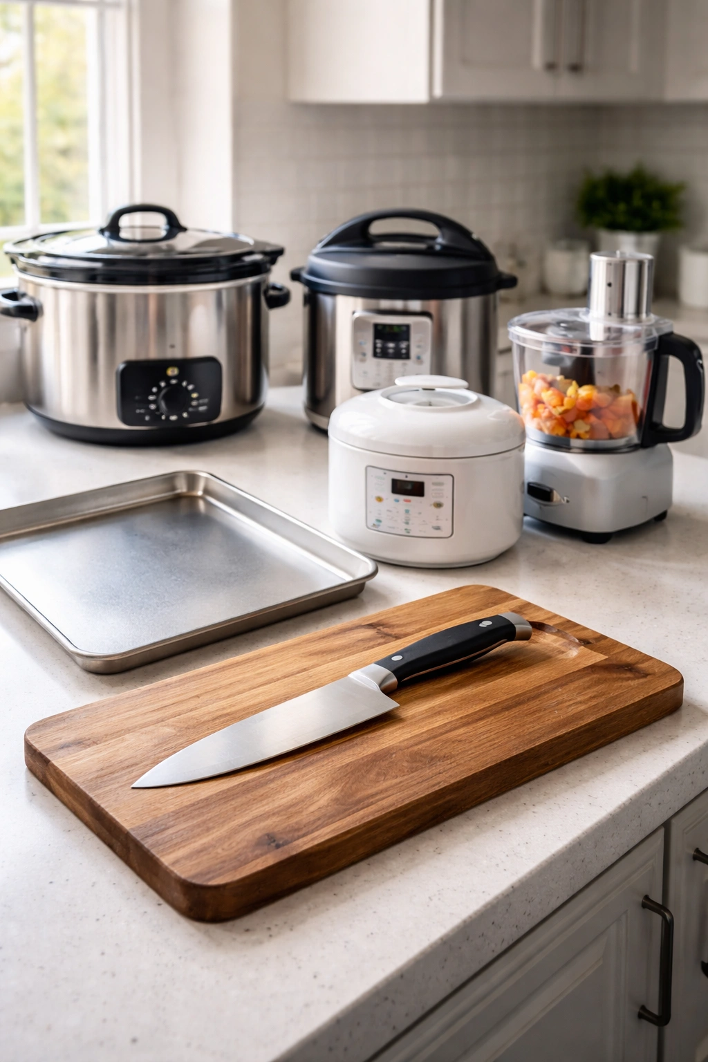 Sharp chef's knife and time-saving kitchen tools on a clean counter