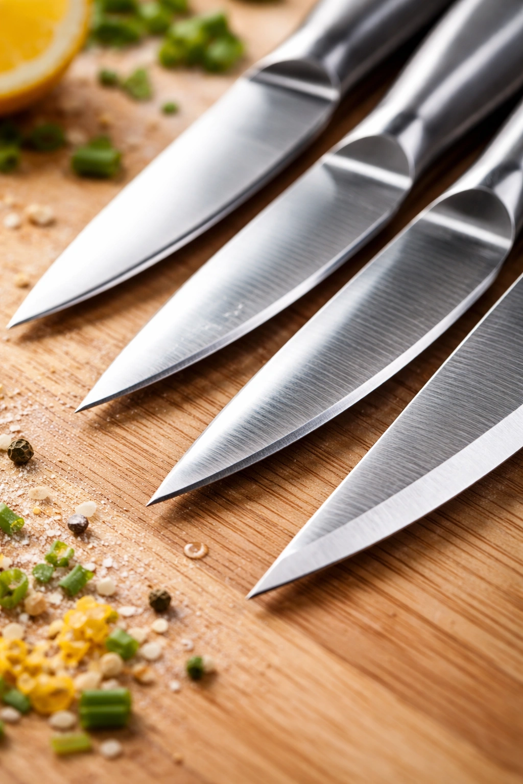 Close-up of knife tips on a cutting board