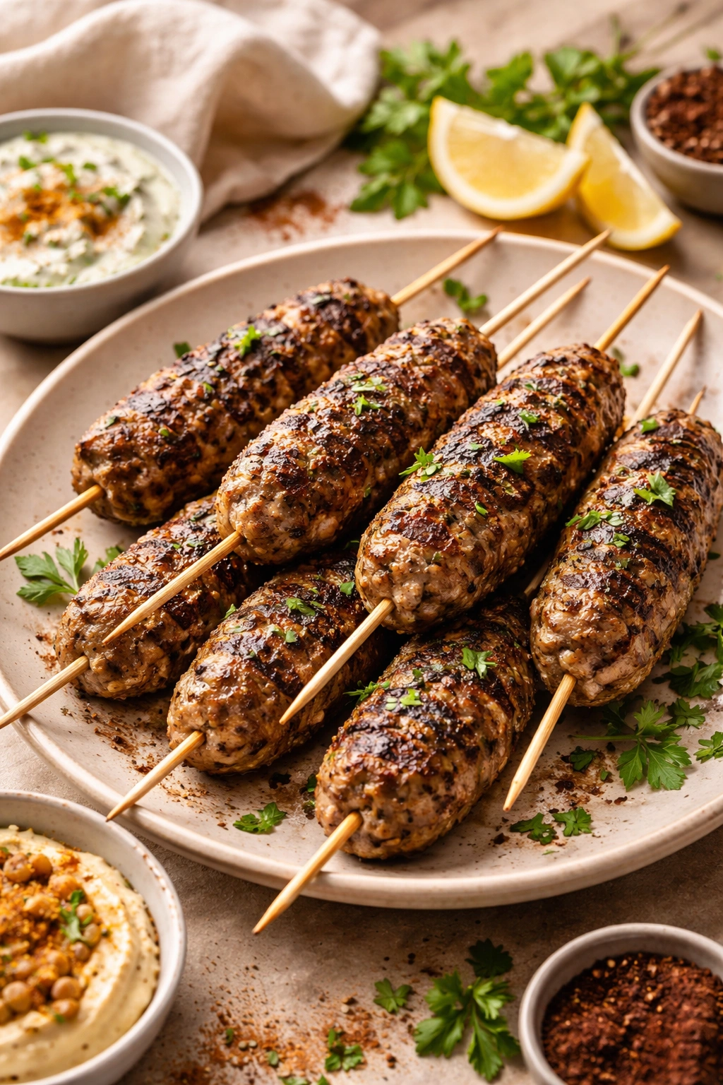 Lamb kofta skewers with herbs and spices on a plate