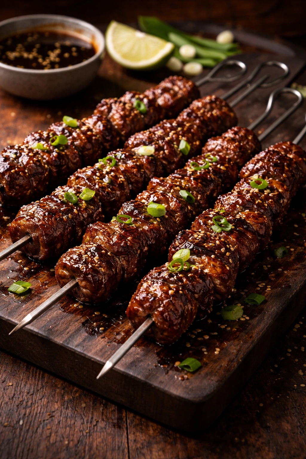 Close-up of glossy beef skewers with ginger-soy glaze on a dark surface