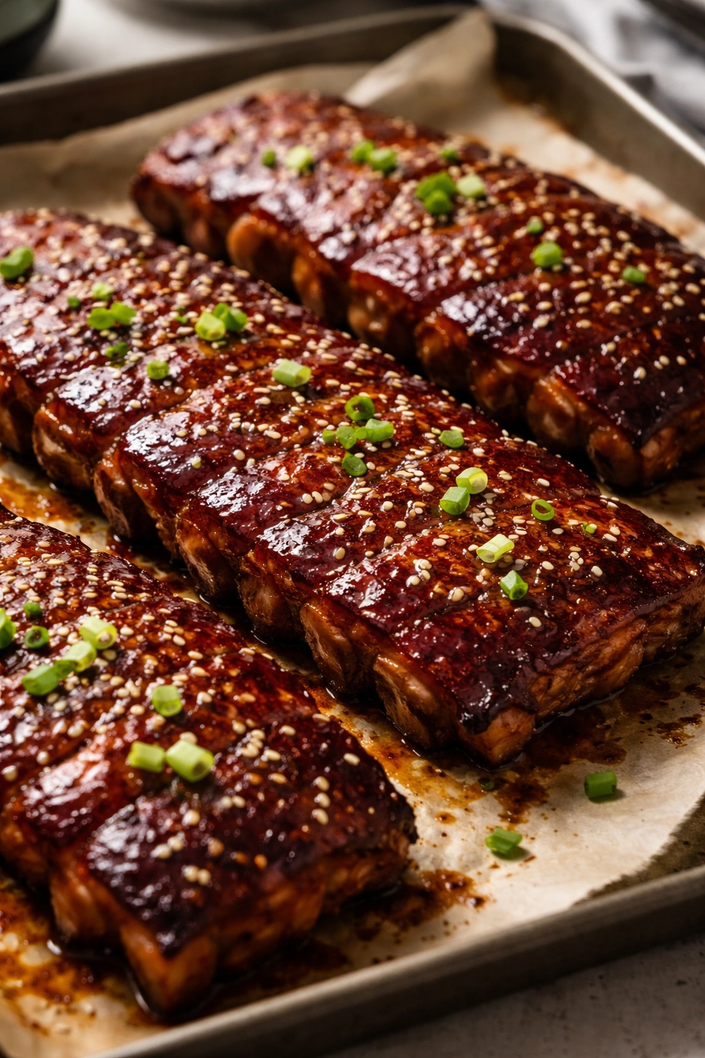 Three rib slabs with deep glossy marinade, no smoke marks