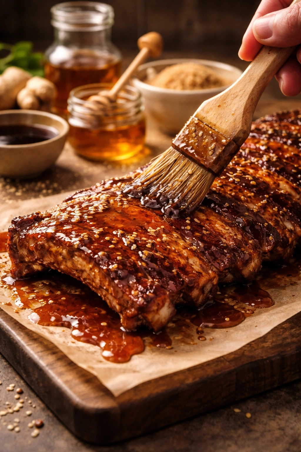 Close-up glaze being brushed on ribs highlighting soy and honey