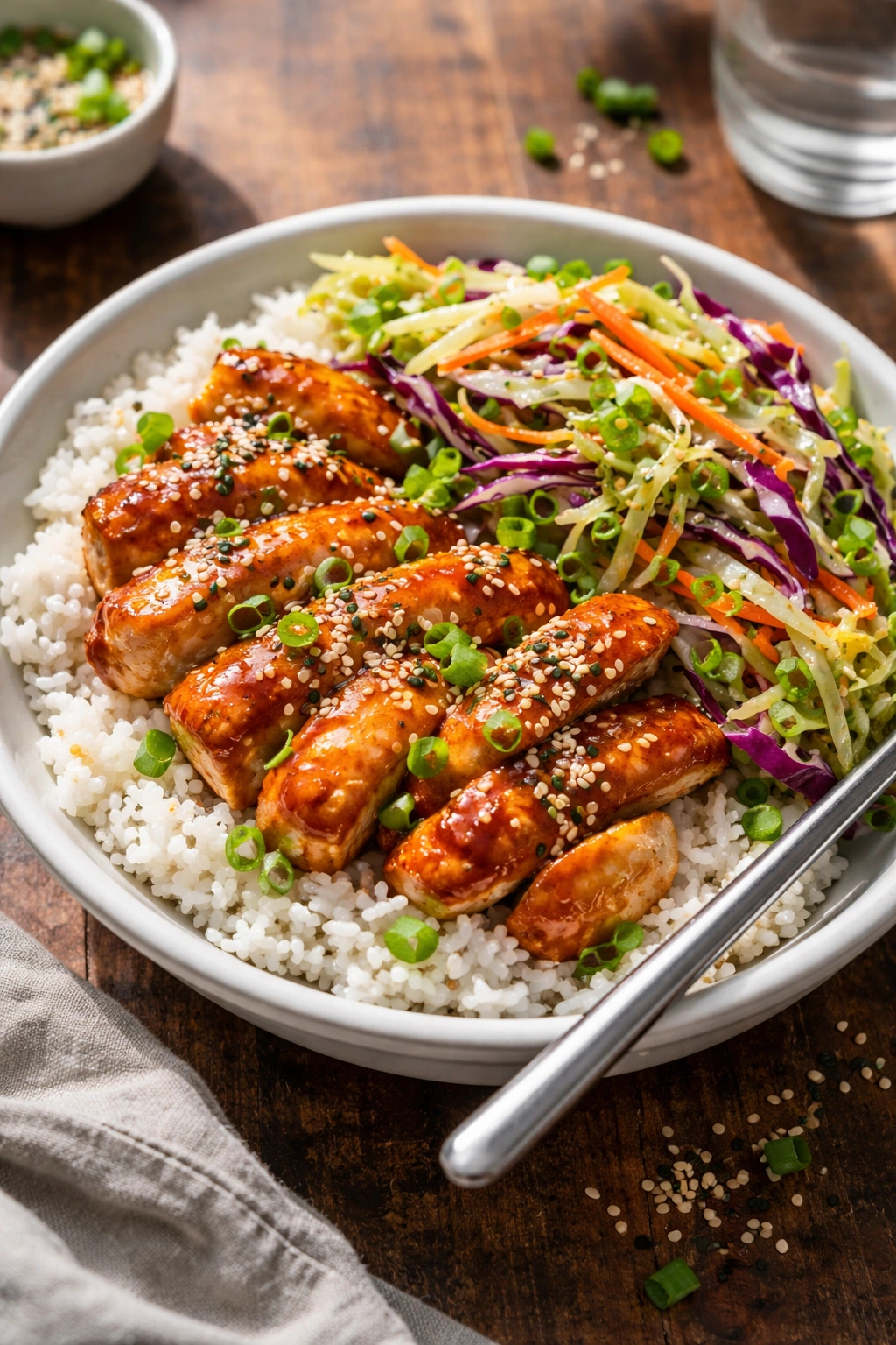 Sesame chicken bowl with sesame slaw and rice