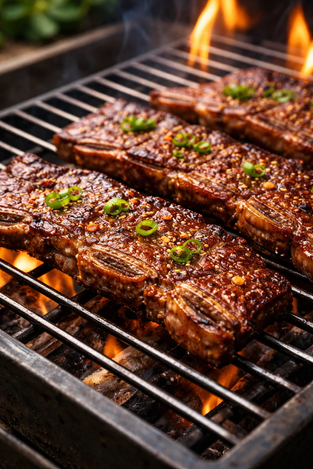 Close-up of Korean-style grilled short ribs with glossy glaze on a hot grill