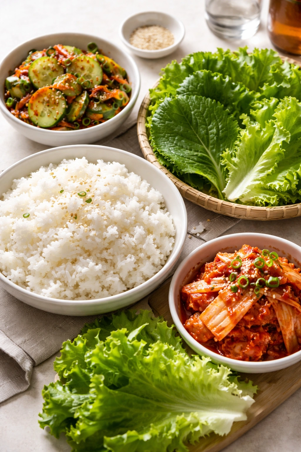 Plate with rice, lettuce, kimchi, and cucumber salad as sides