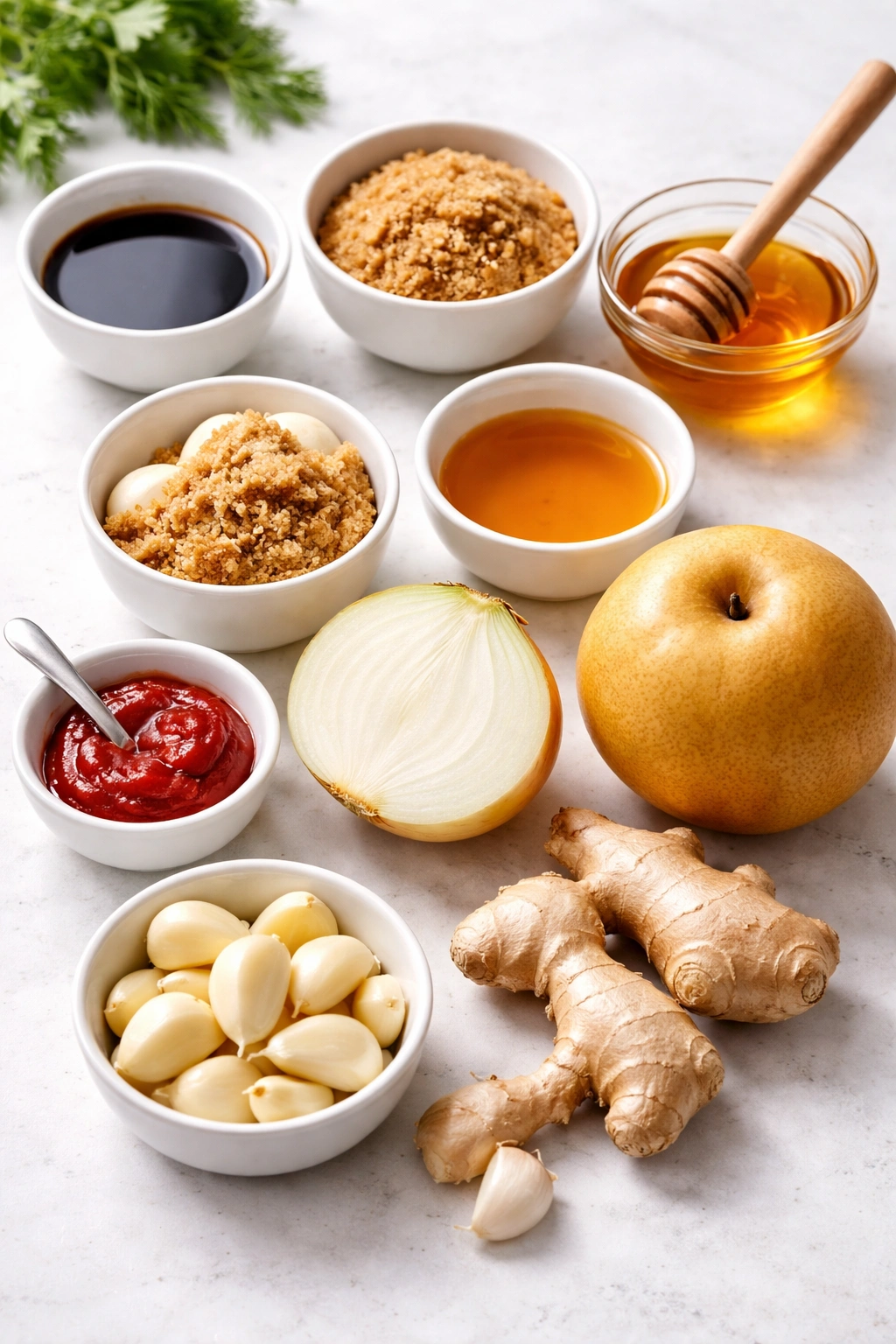 Assorted ingredients for Korean sticky ribs laid out on countertop