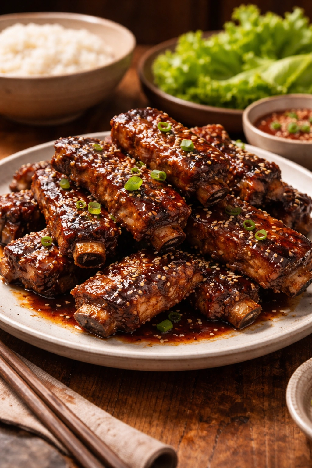 Glossy glazed Korean sticky ribs plated for serving