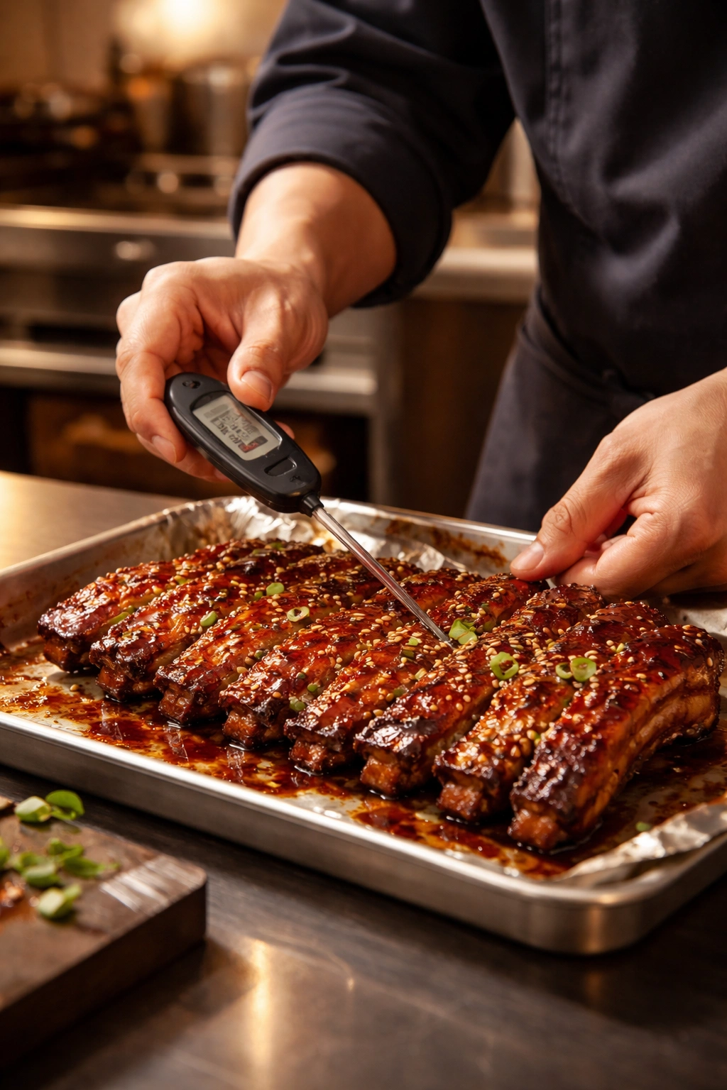 Close-up of a Korean chef's hands inserting a thermometer into glossy ribs for doneness