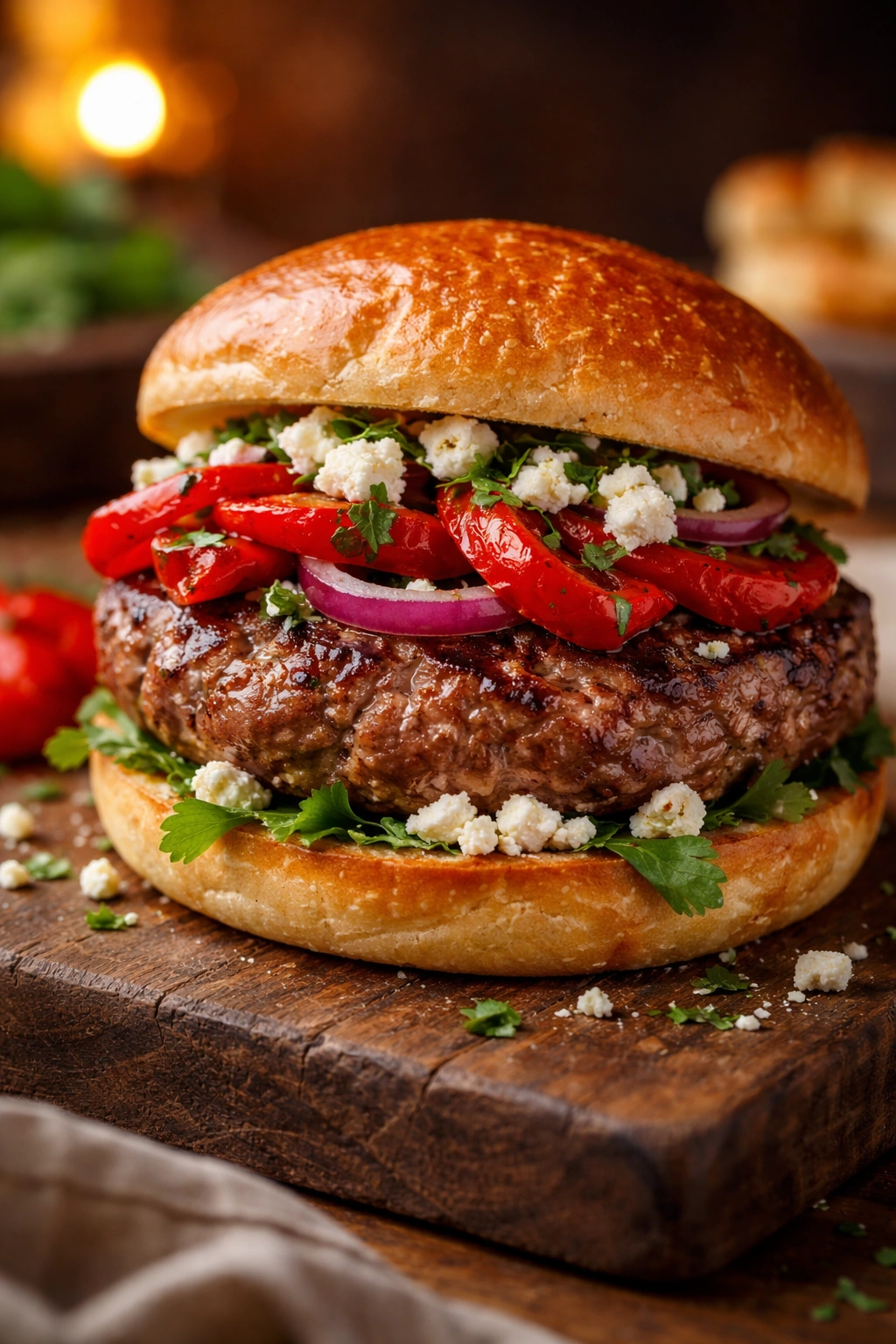 Close-up of a Mediterranean lamb burger with feta and roasted red pepper on a bun