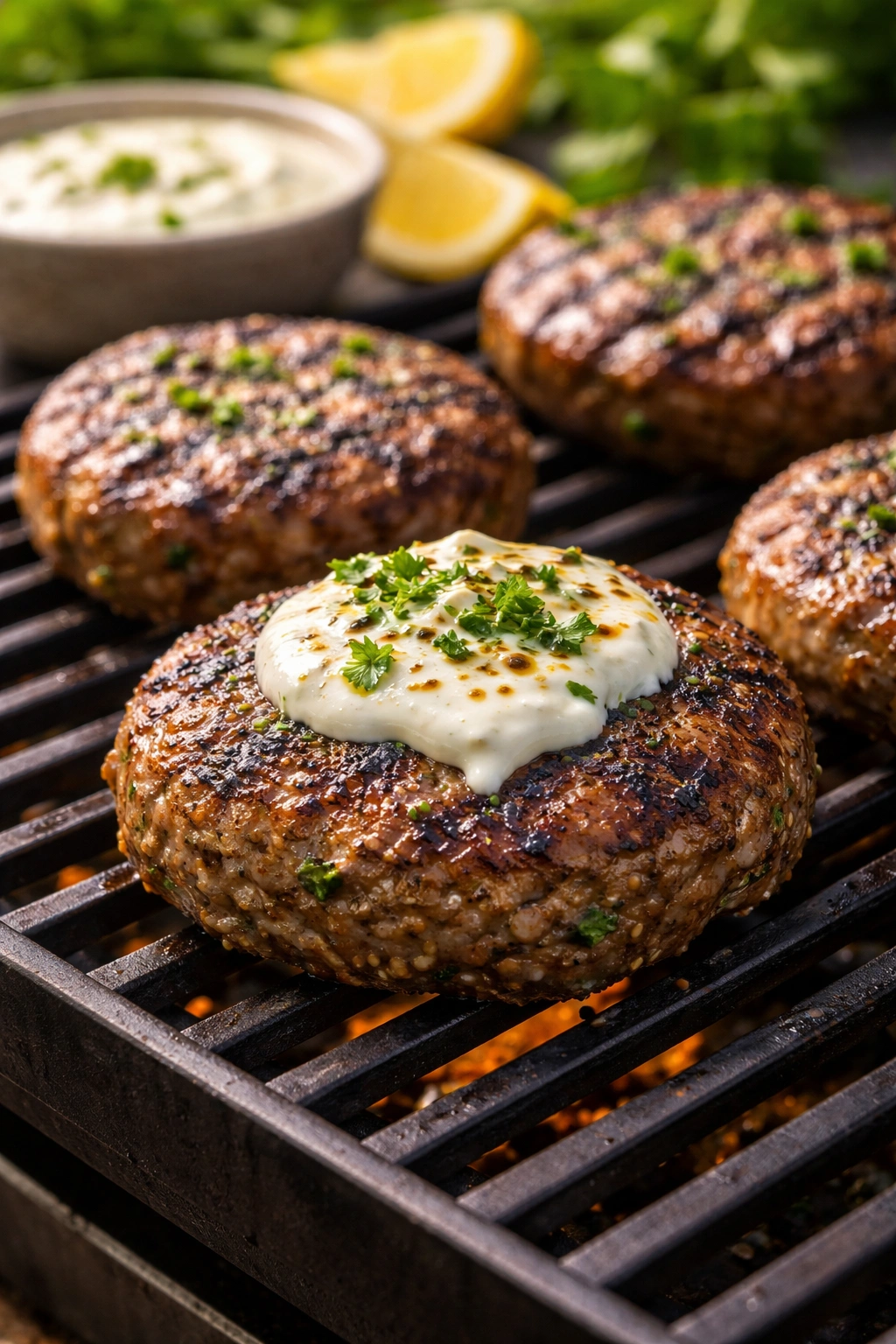 Lamb burger patty grilling on a grate