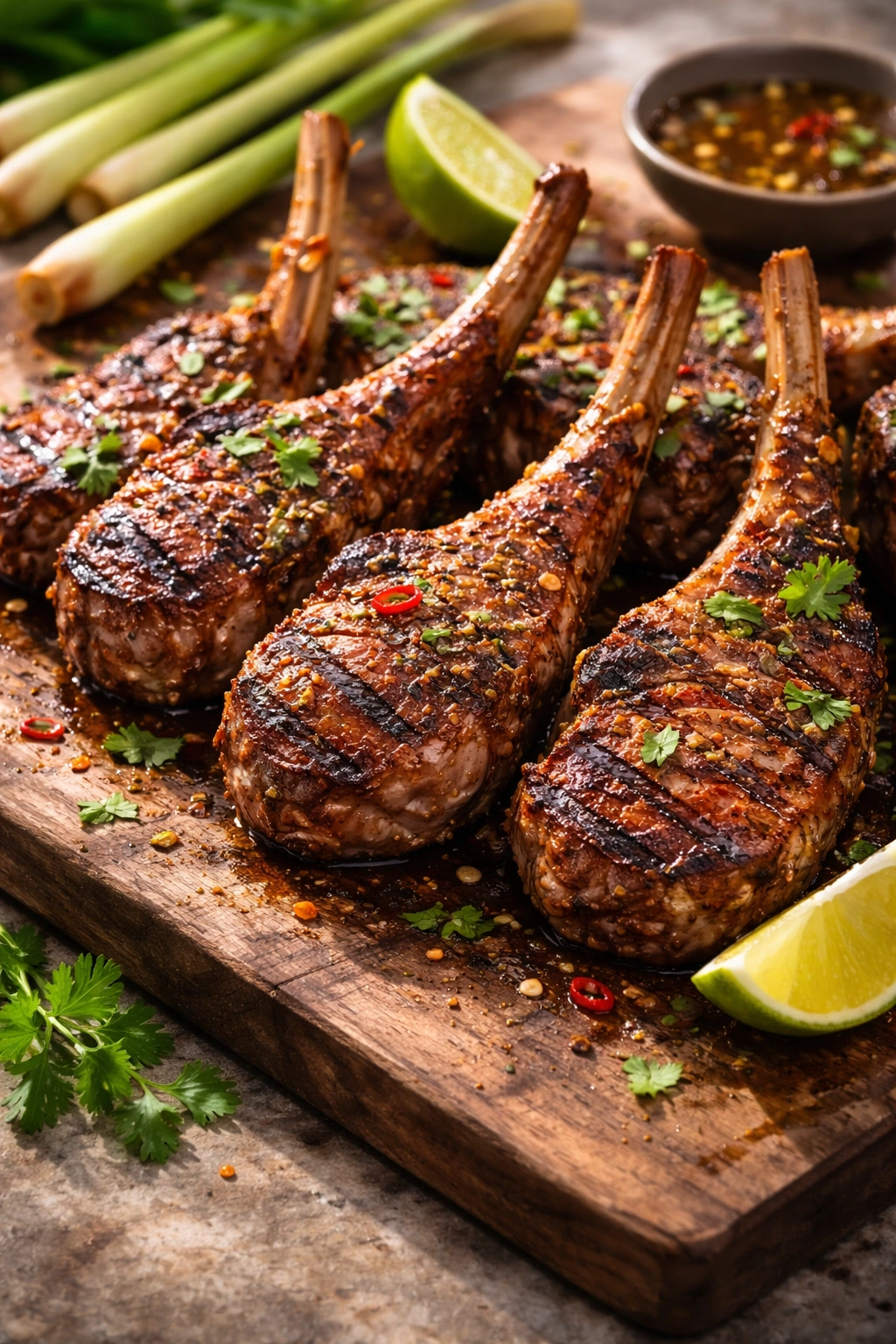 Grilled lamb chops with lemongrass on wooden board