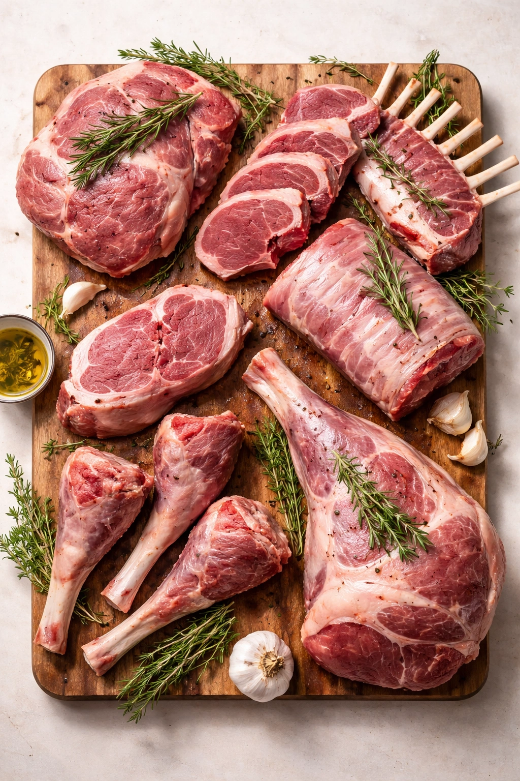 Assorted lamb cuts on a butcher board illustrating variety