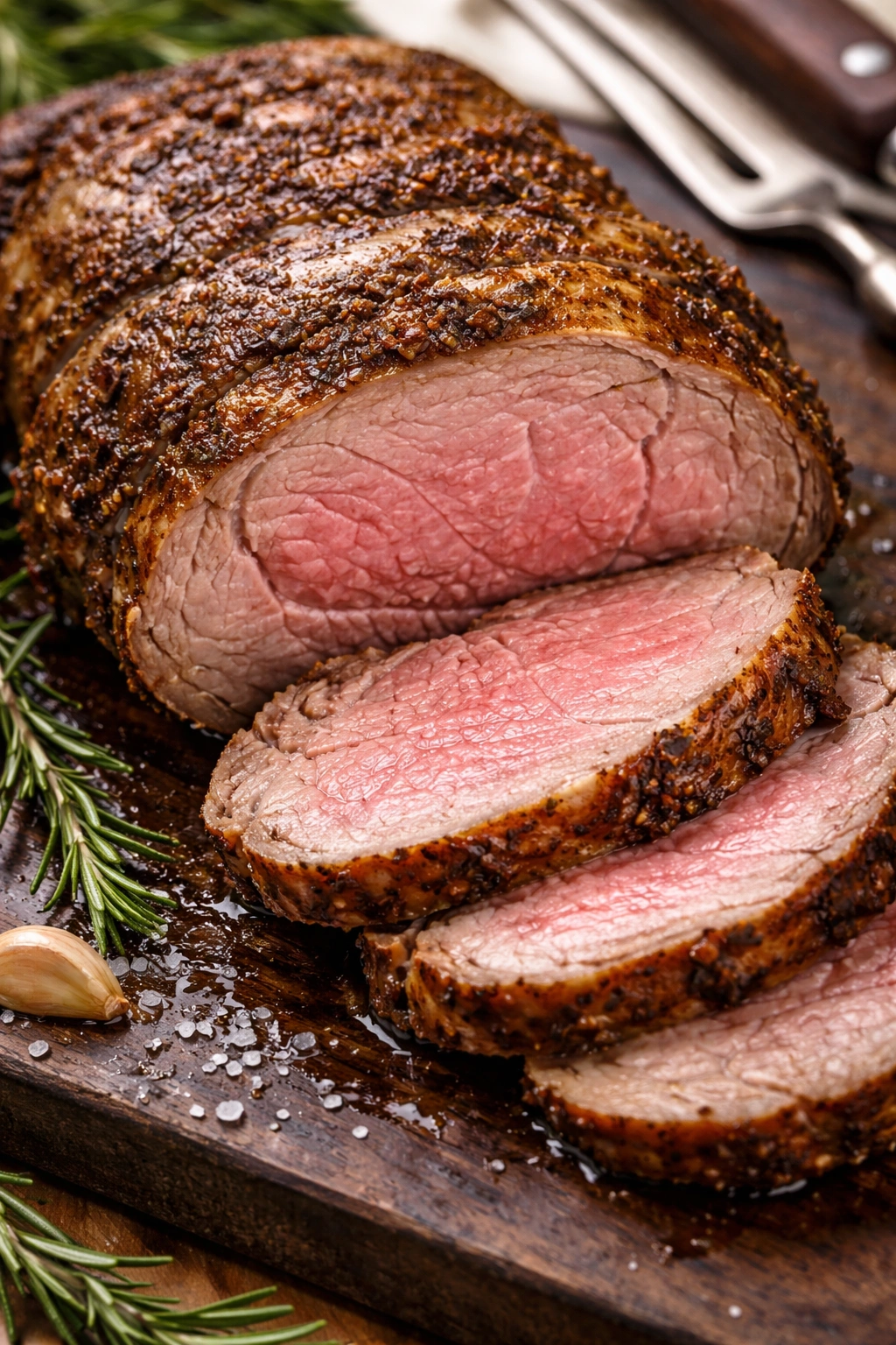 Cross-section of lamb showing pink center and browned crust.
