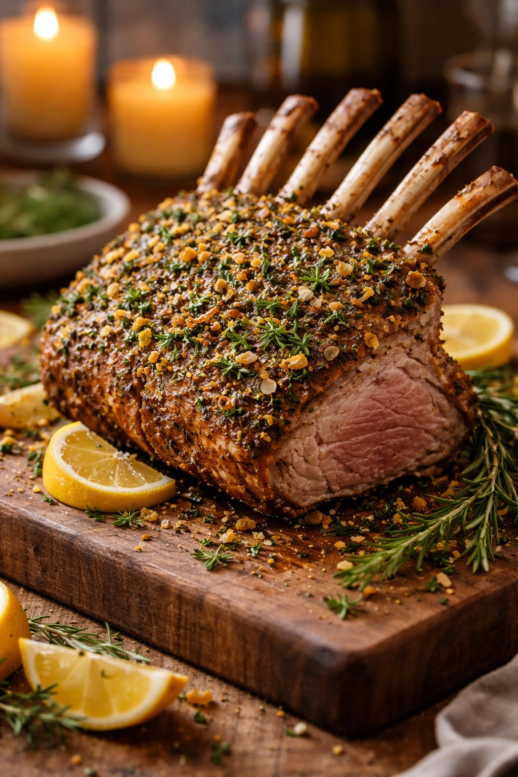 Rack of lamb with herb crust showing rosemary and citrus zest on a wooden board