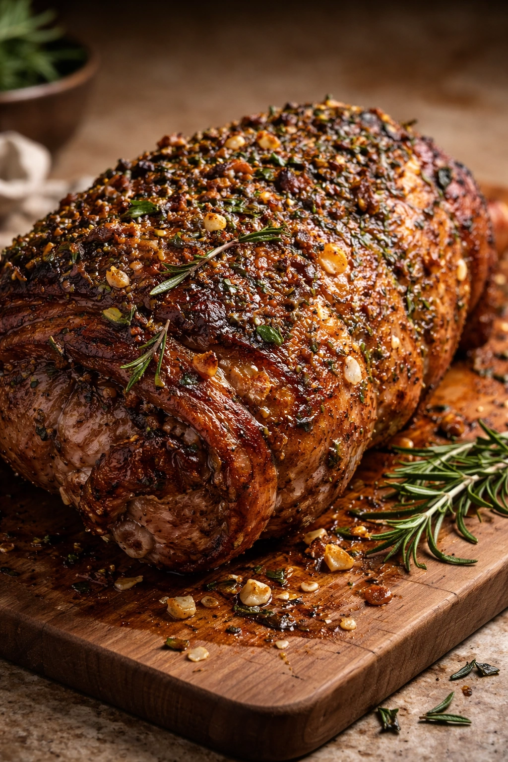 Lamb with visible herb paste and garlic rosemary crust