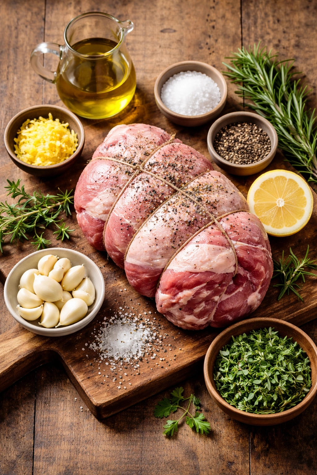 Lamb with garlic, rosemary, salt, pepper, lemon zest, and olive oil arranged on a cutting board.