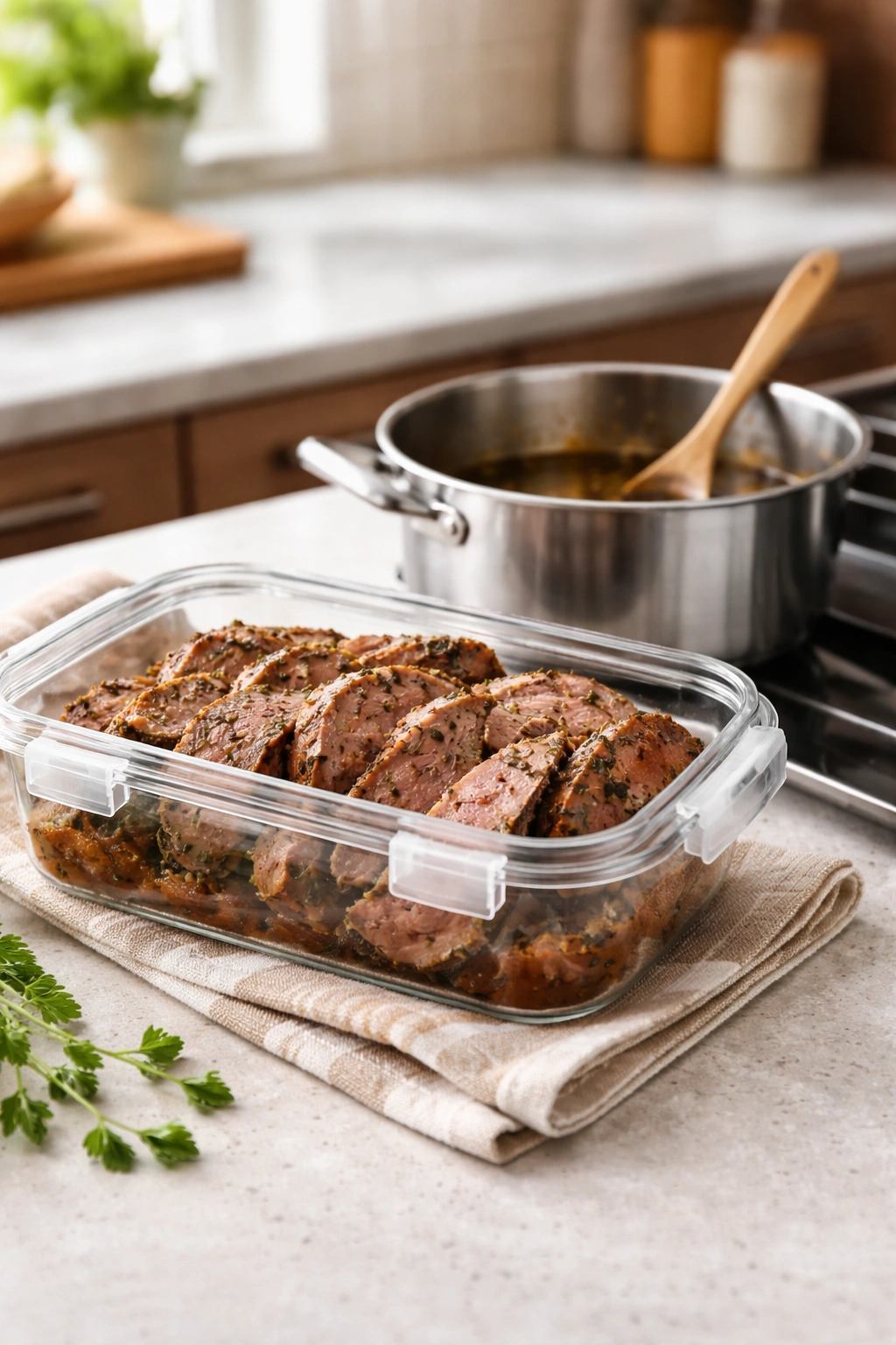 Glass container with lamb leftovers on a kitchen counter ready for storage and reheating