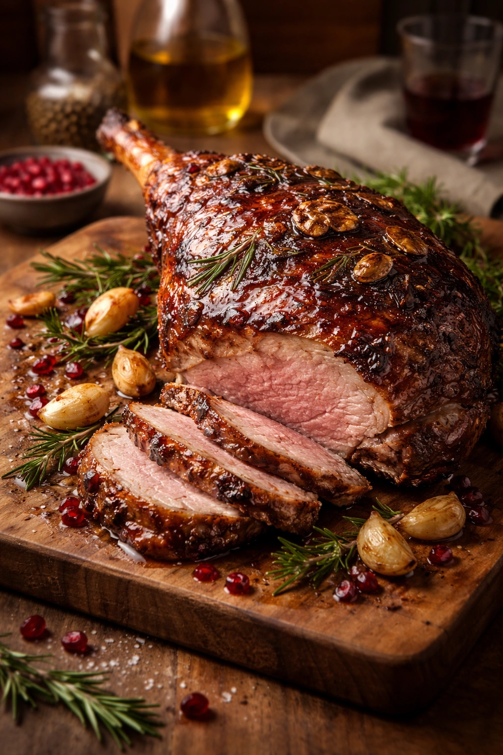 Slow-roasted lamb leg with garlic rosemary and pomegranate glaze