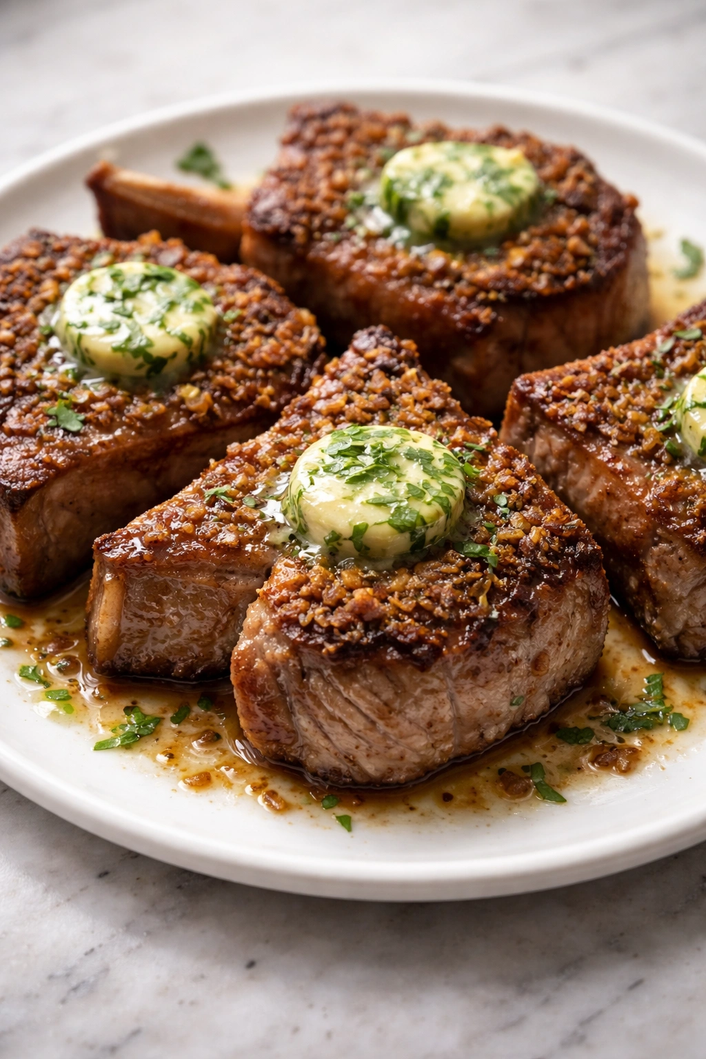 Lamb loin chops with crispy shallot crust and tarragon butter
