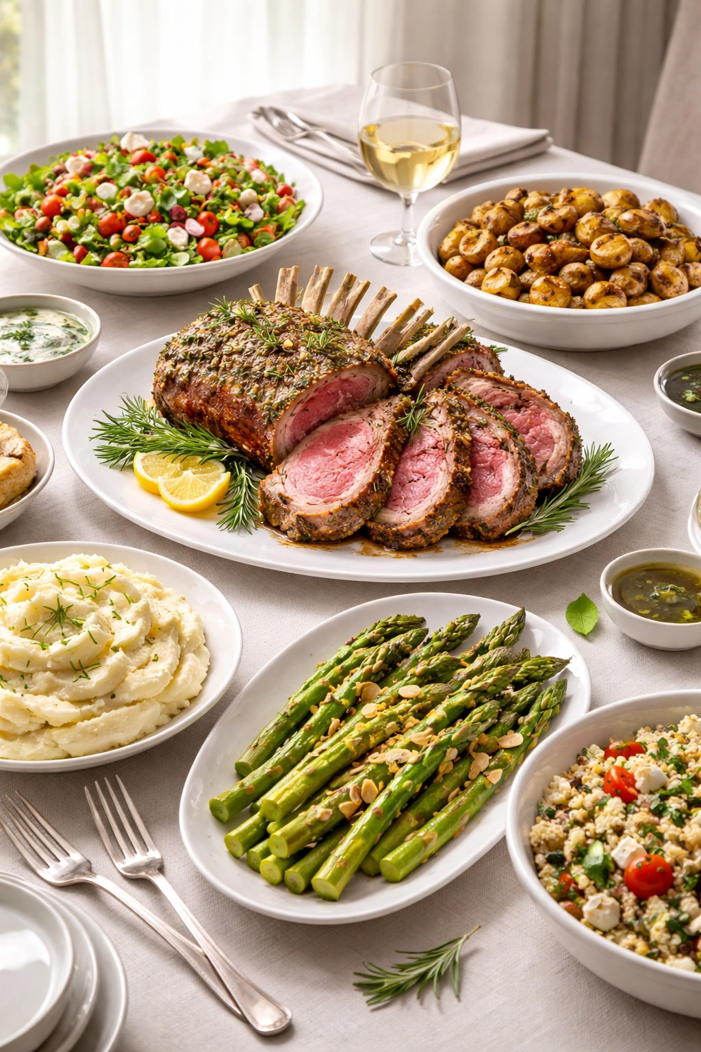 Elegant plated lamb with simple seasonal sides on a dining table