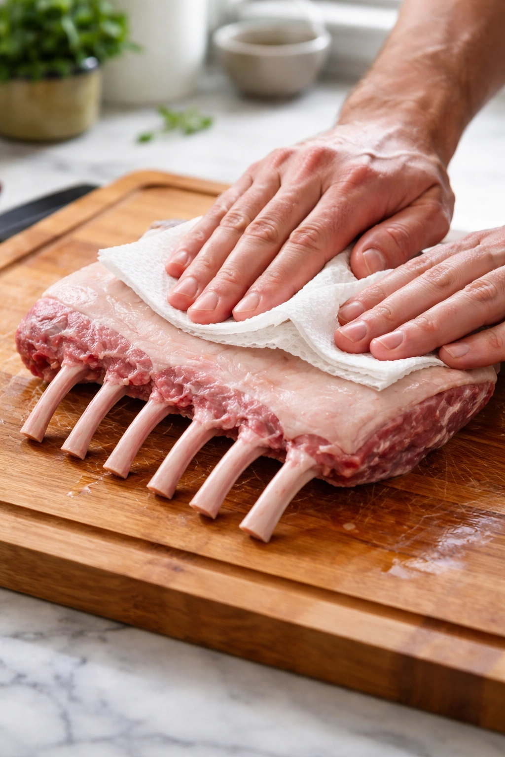 Lamb rack being patted dry with paper towels on cutting board