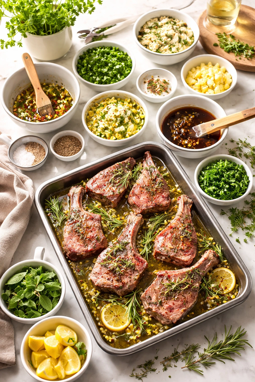 Mise en place of lamb prep with marinades and herbs on a kitchen counter
