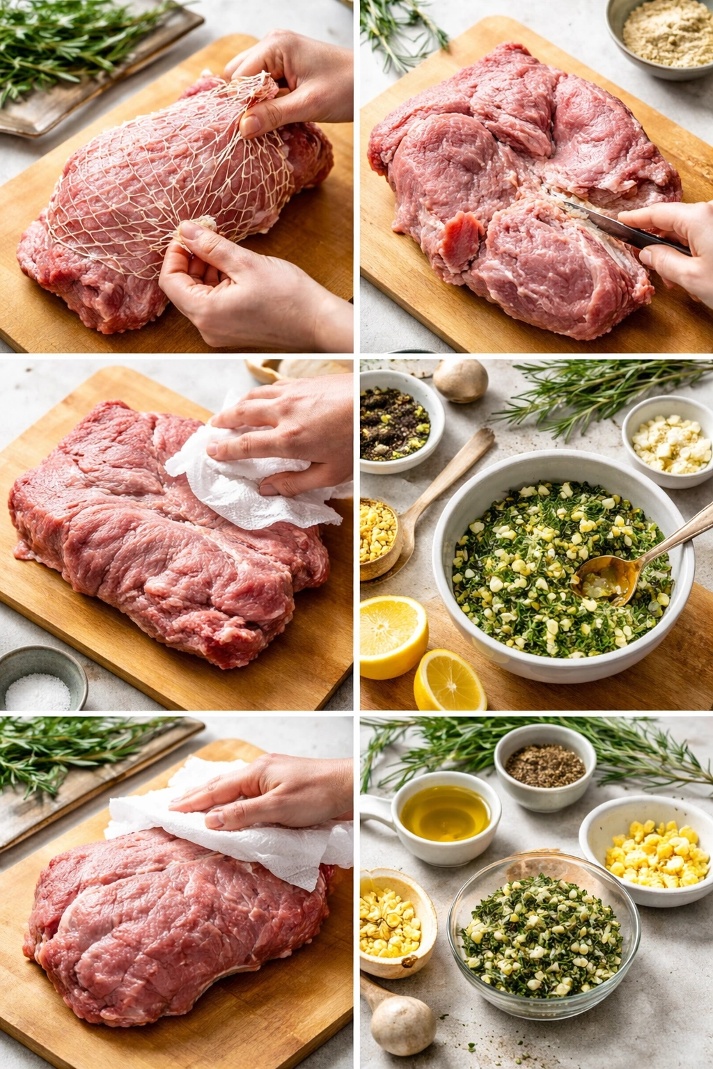 Hands prepping lamb on cutting board with garlic and rosemary nearby.