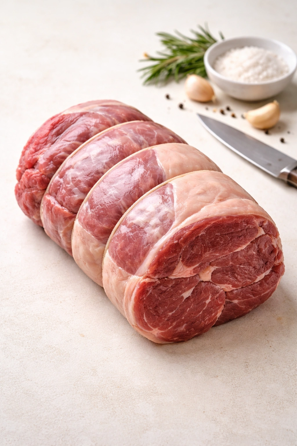Raw boneless leg of lamb on plain surface, trimmed fat visible