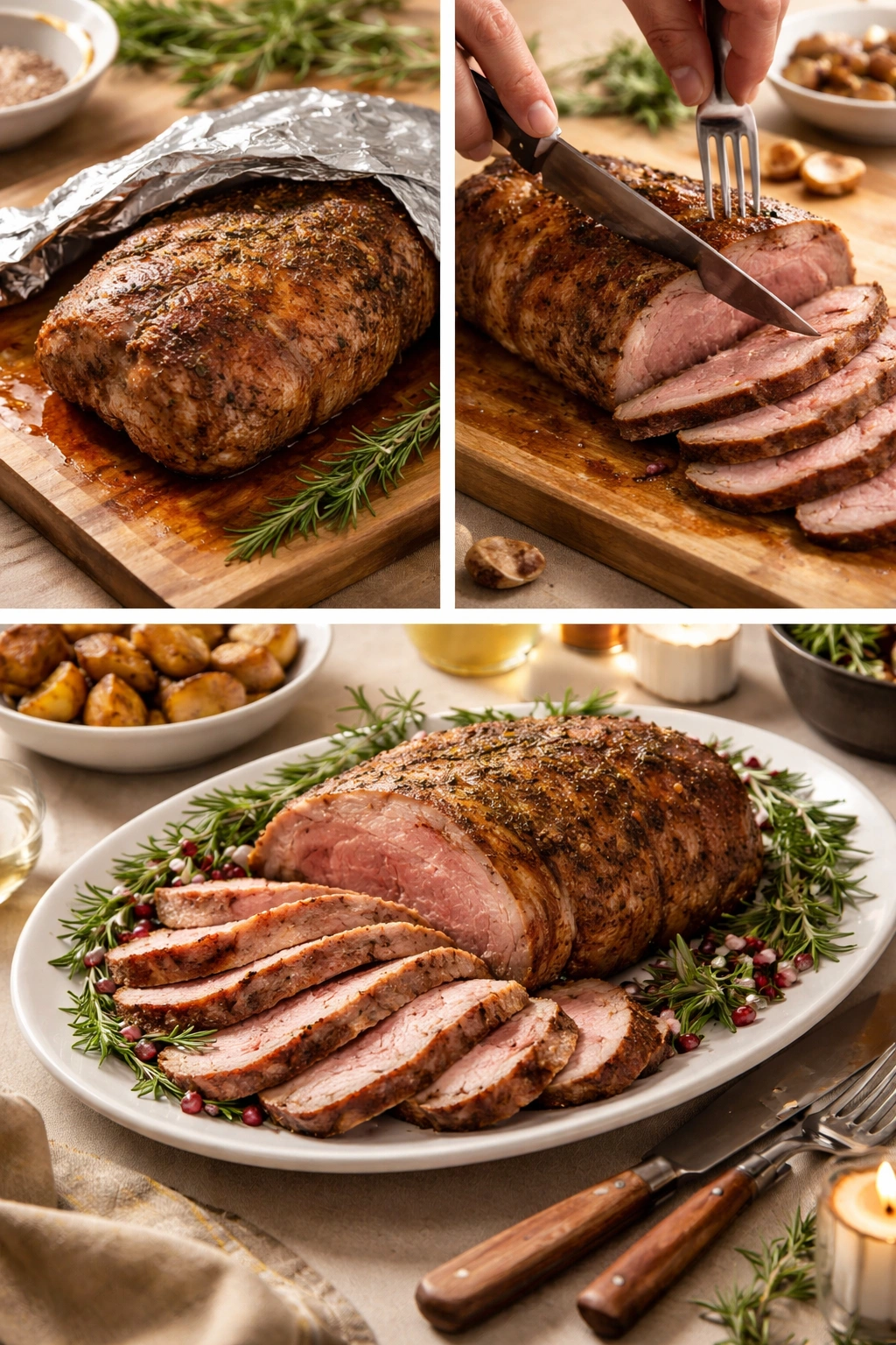 Lamb resting with loose foil and sliced pieces on a platter.