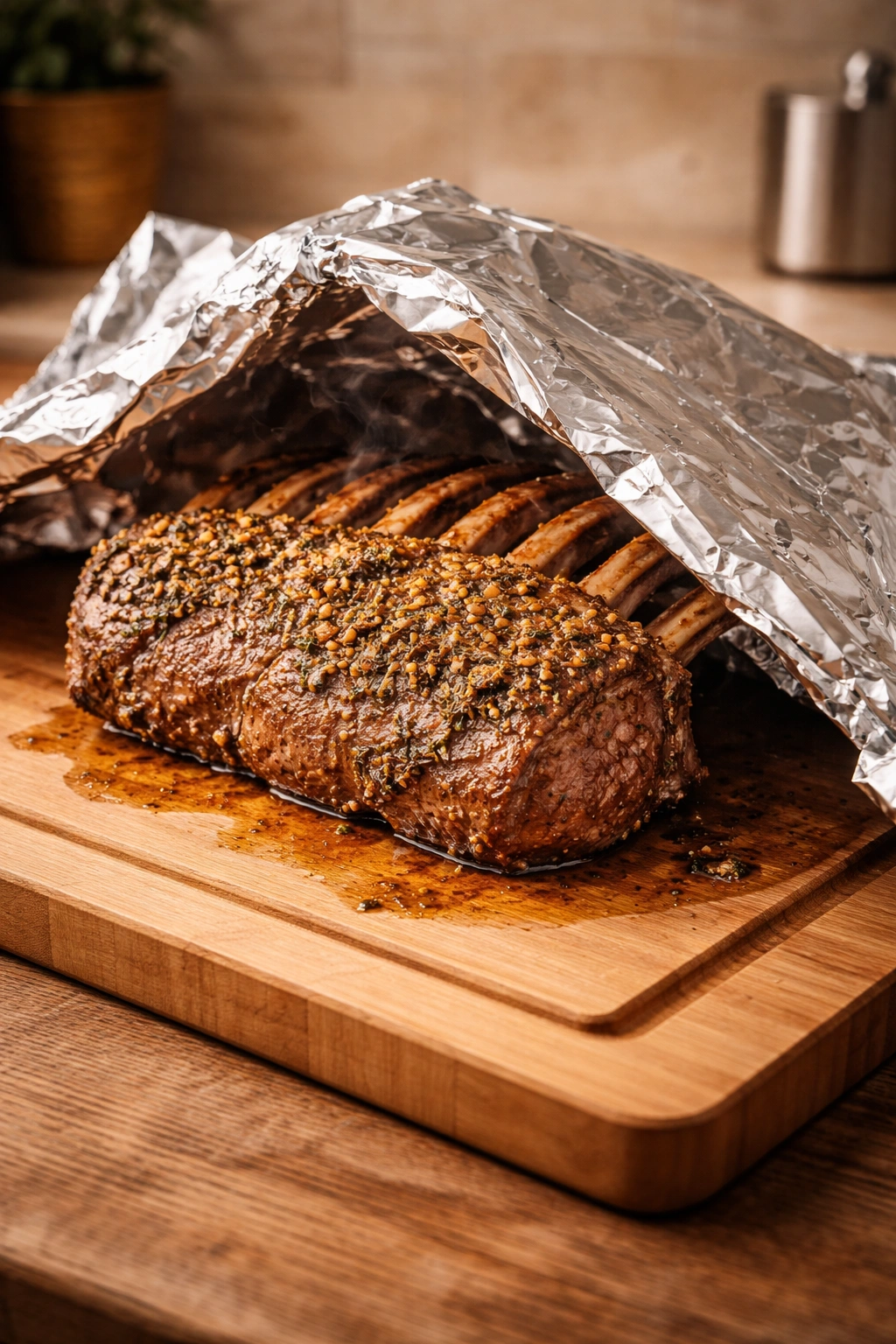 Lamb resting under a loose foil tent on a cutting board.
